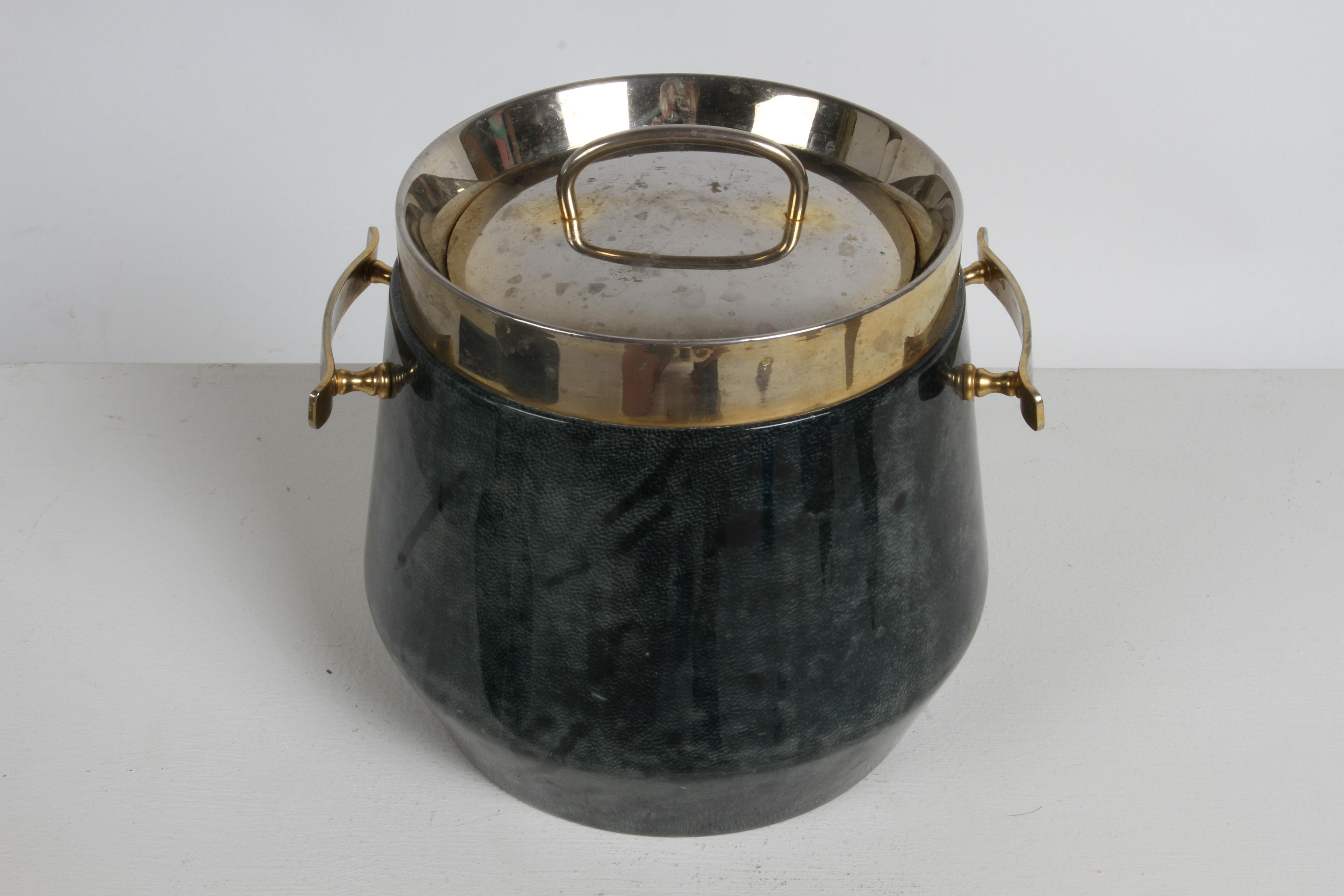 1960s Aldo Tura Lacquered Green Goatskin Ice Bucket with Gold Plated Barware In Good Condition In St. Louis, MO
