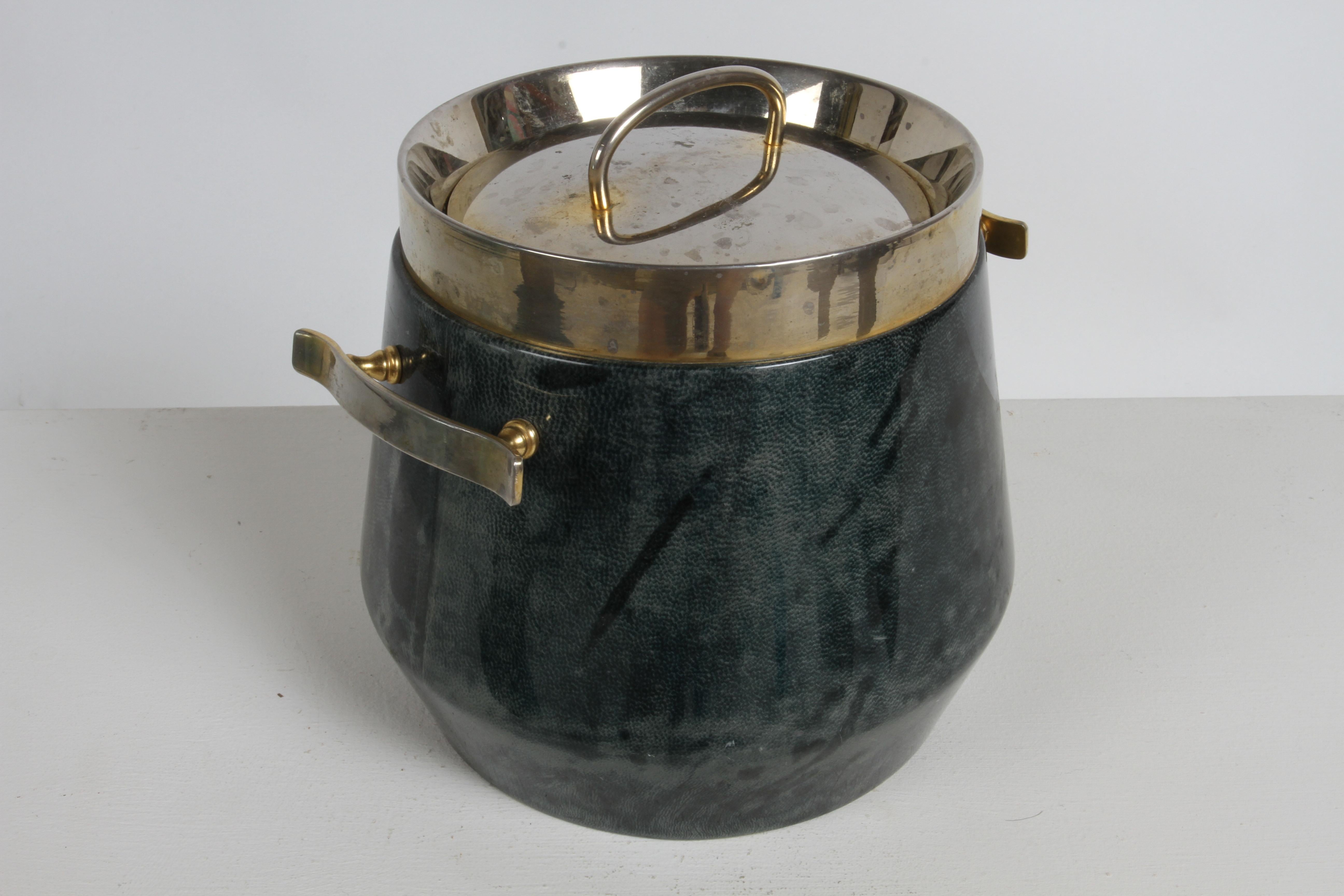 Mid-20th Century 1960s Aldo Tura Lacquered Green Goatskin Ice Bucket with Gold Plated Barware