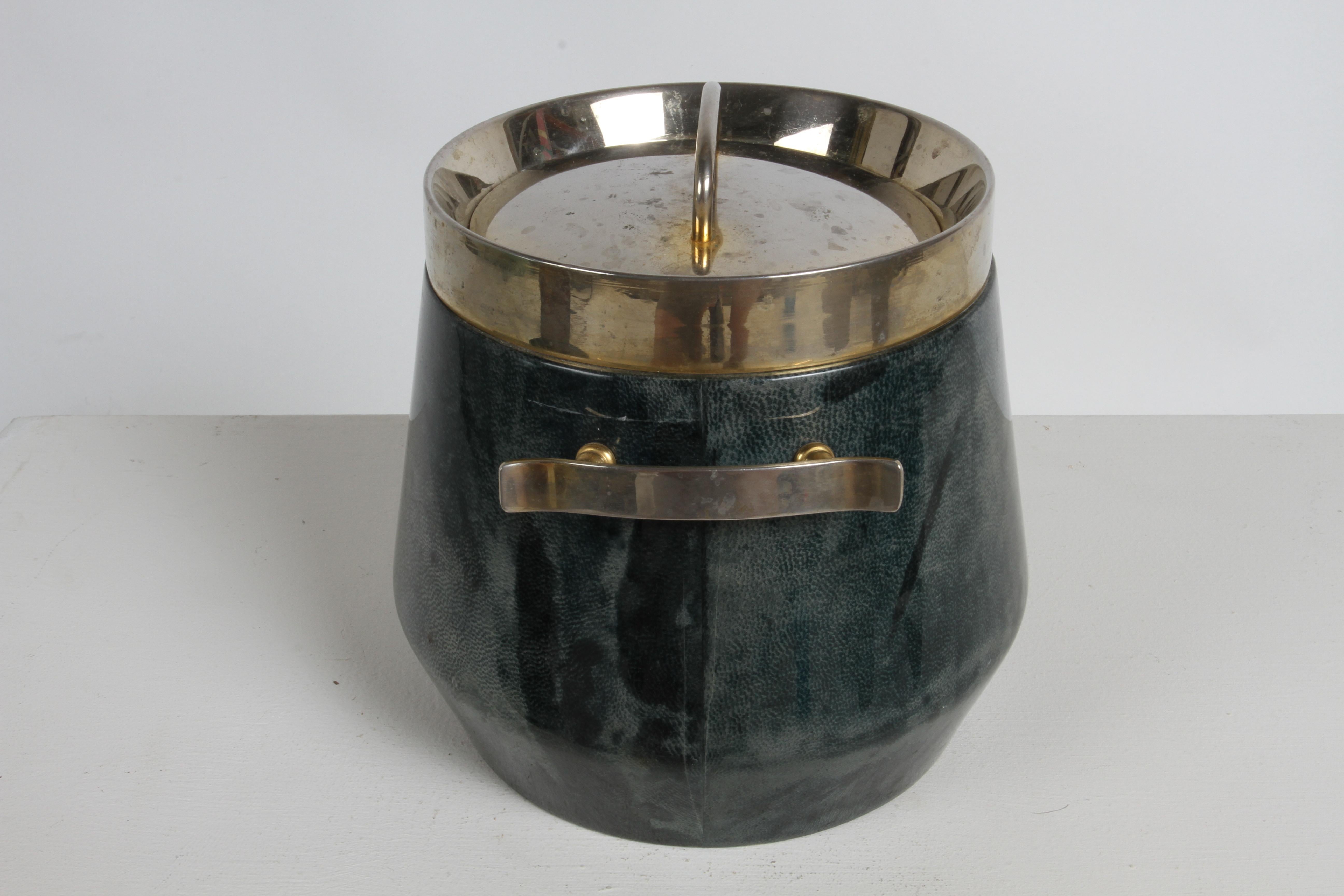 Metal 1960s Aldo Tura Lacquered Green Goatskin Ice Bucket with Gold Plated Barware