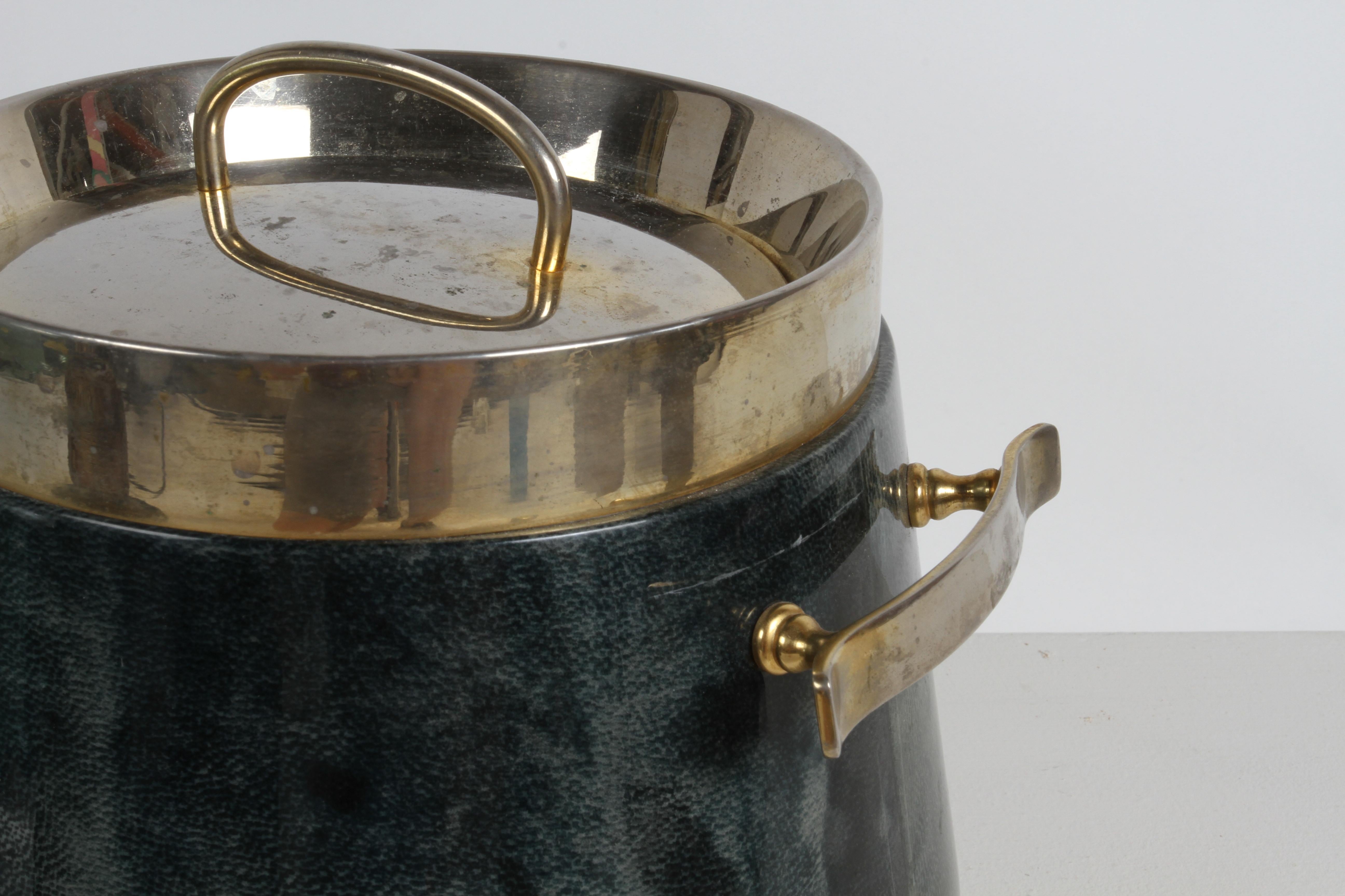 1960s Aldo Tura Lacquered Green Goatskin Ice Bucket with Gold Plated Barware 1