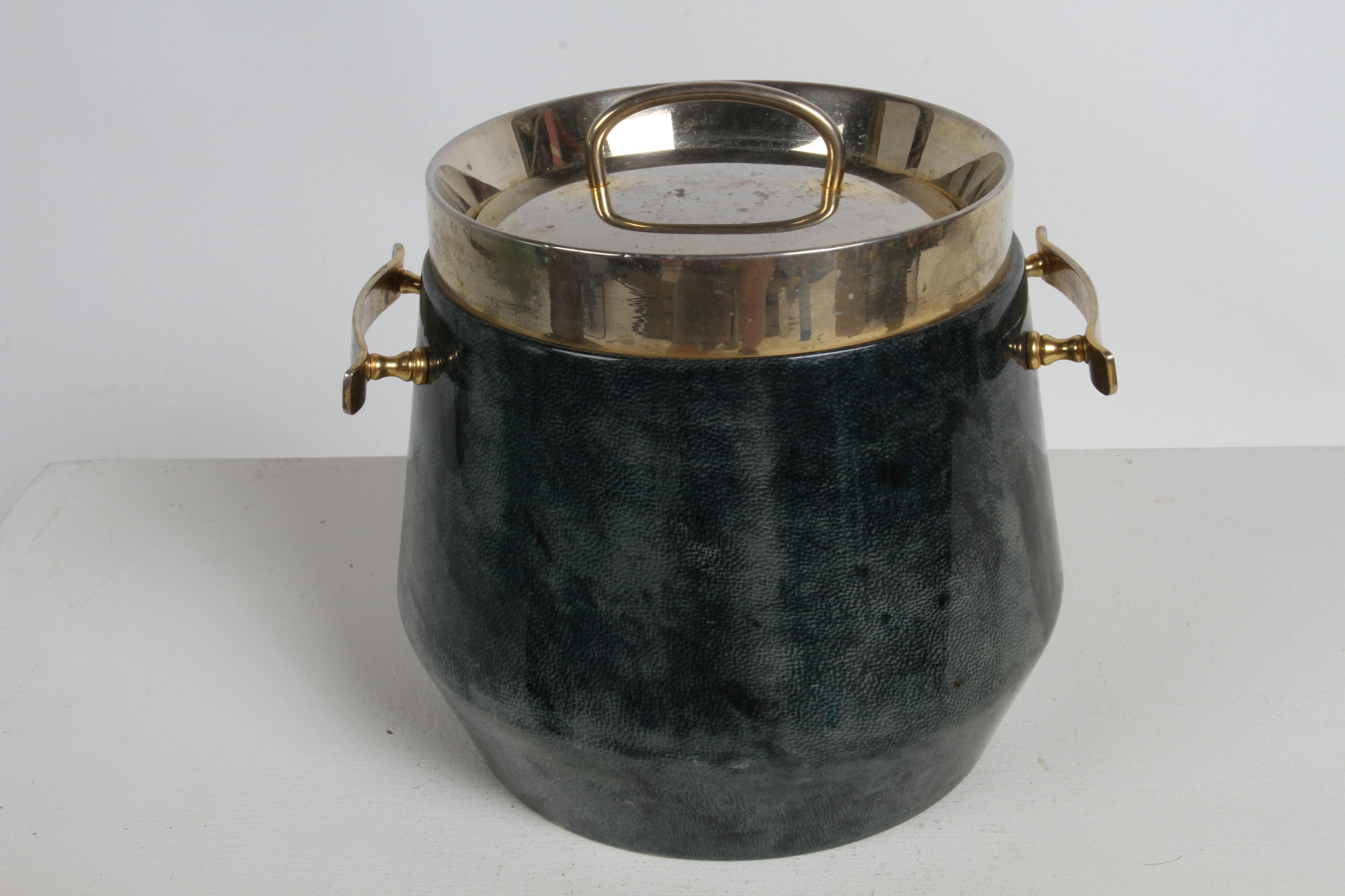 1960s Aldo Tura Lacquered Green Goatskin Ice Bucket with Gold Plated Barware 2