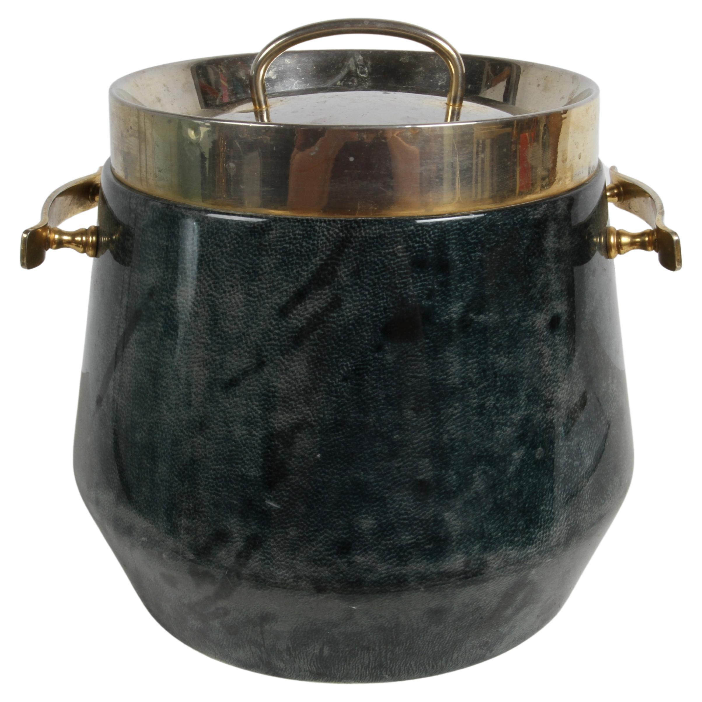 1960s Aldo Tura Lacquered Green Goatskin Ice Bucket with Gold Plated Barware