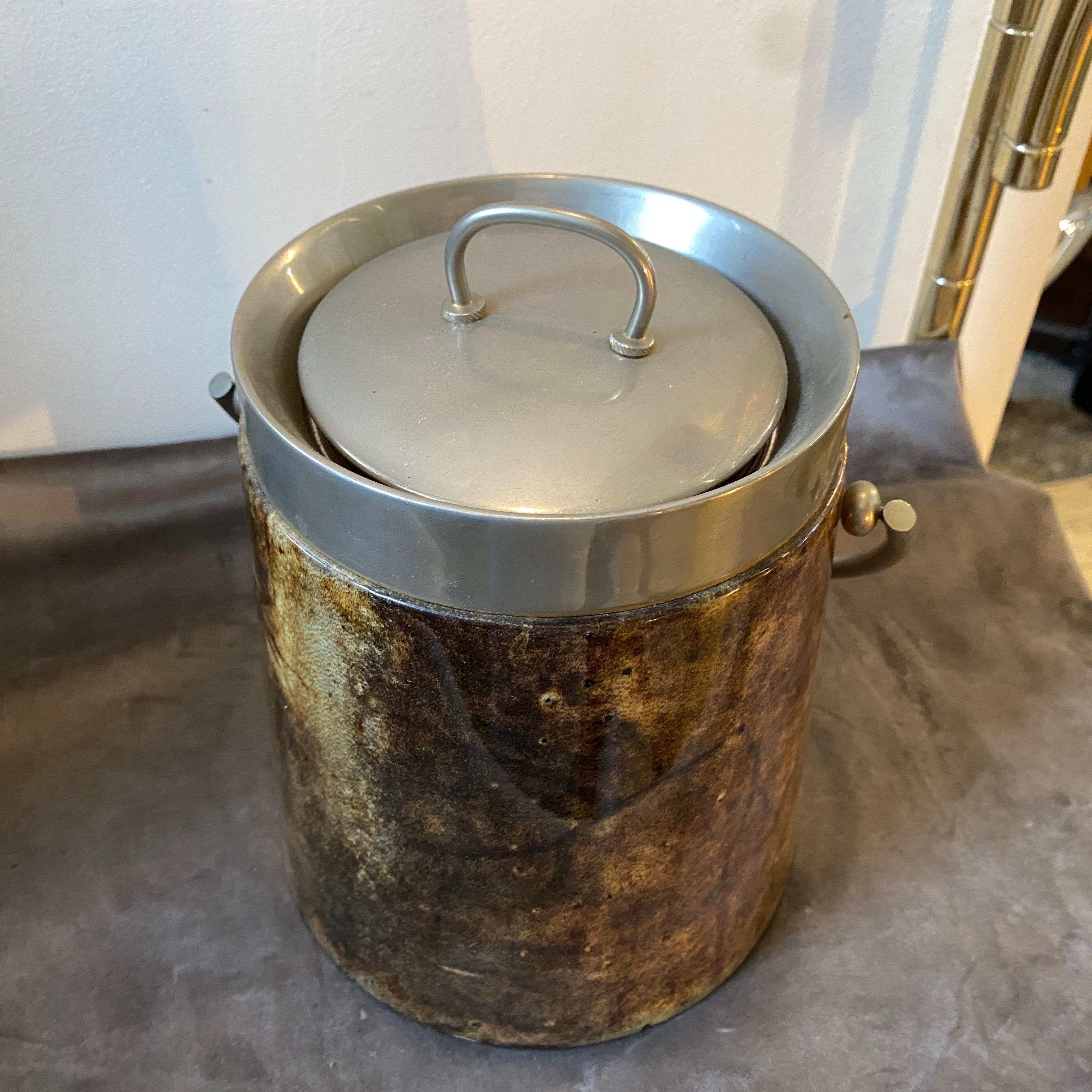 1960s Aldo Tura Mid-Century Modern Goatskin and Metal Italian Ice Bucket In Good Condition In Aci Castello, IT