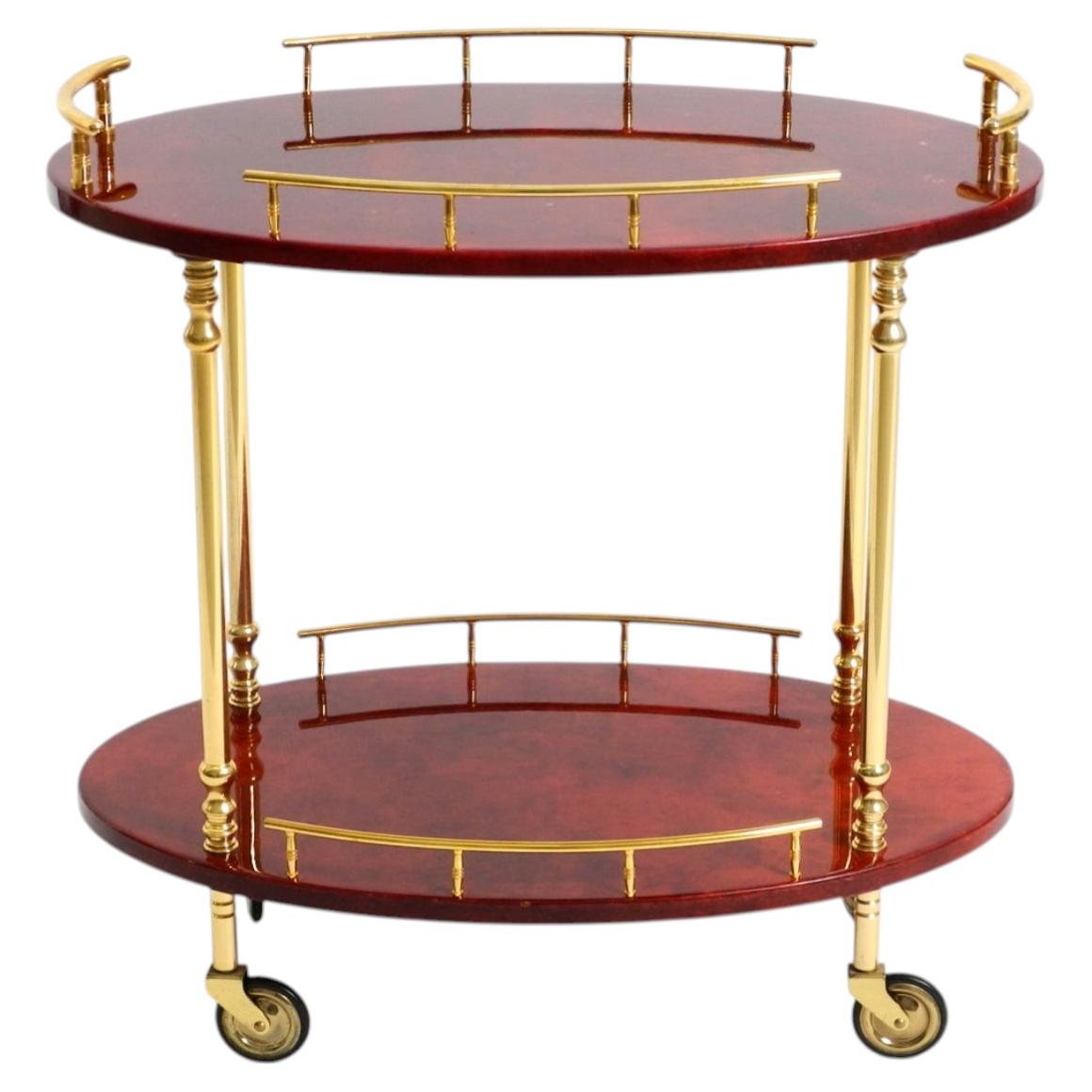 Aldo Tura Serving Bar Cart in Cherry-Red Goatskin, Italy 1960s