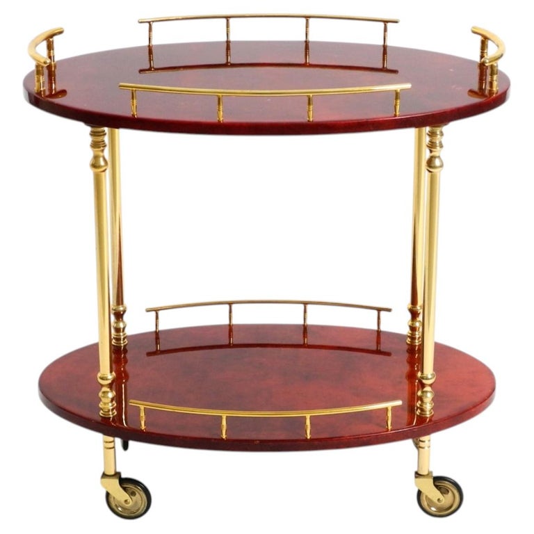 Aldo Tura Serving Bar Cart in Cherry-Red Goatskin, Italy 1960s