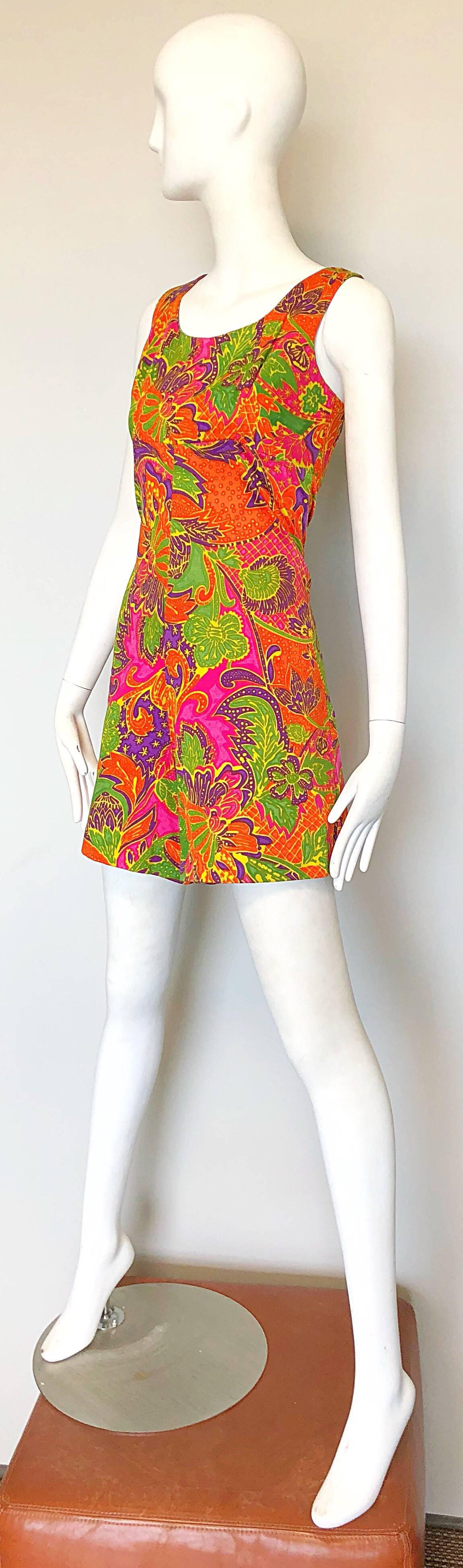 Brown 1960s Alfred Shaheen Romper Brightly Colored Tropical Hawaiian One Piece 60s For Sale