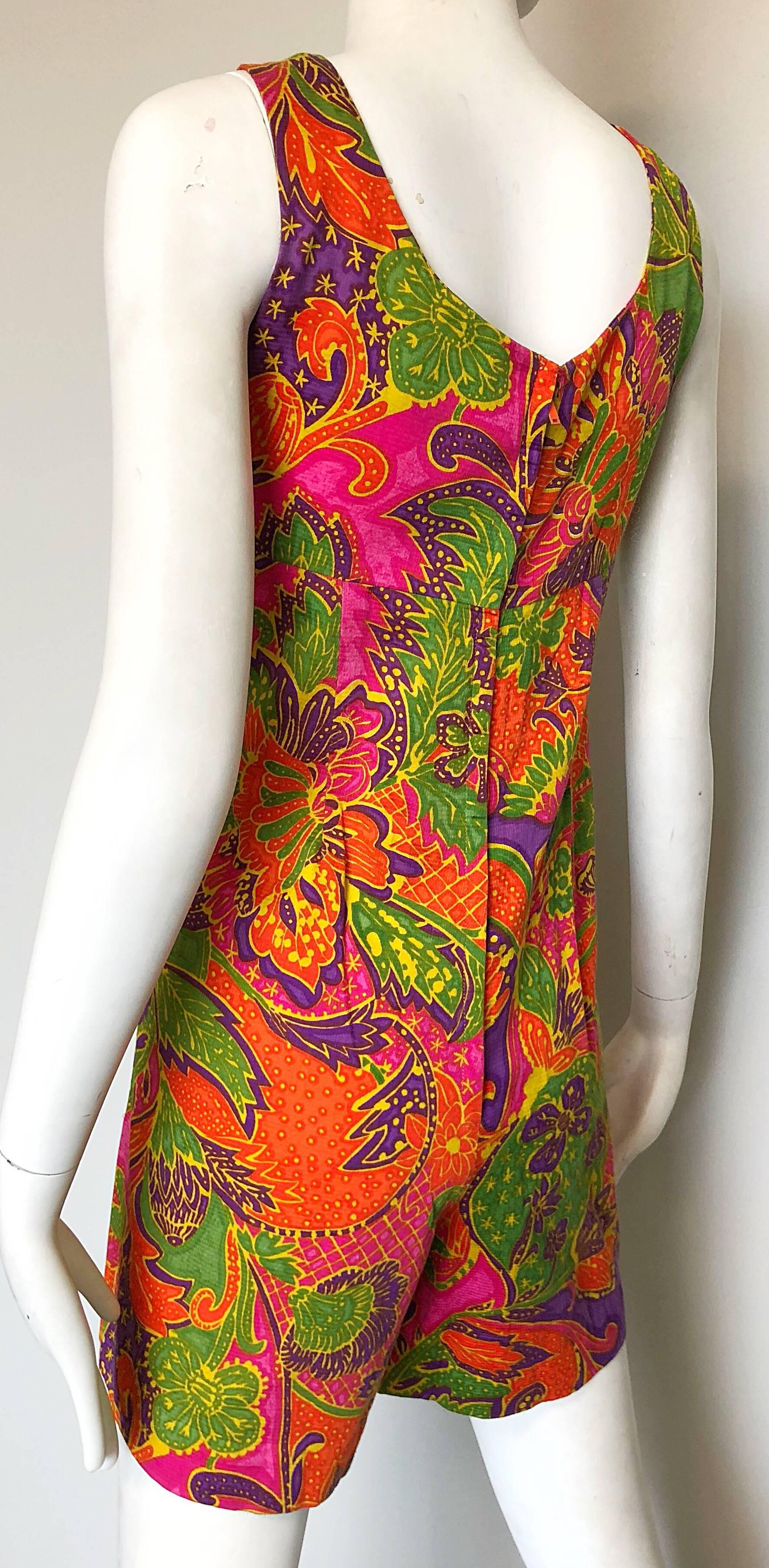 Women's 1960s Alfred Shaheen Romper Brightly Colored Tropical Hawaiian One Piece 60s For Sale