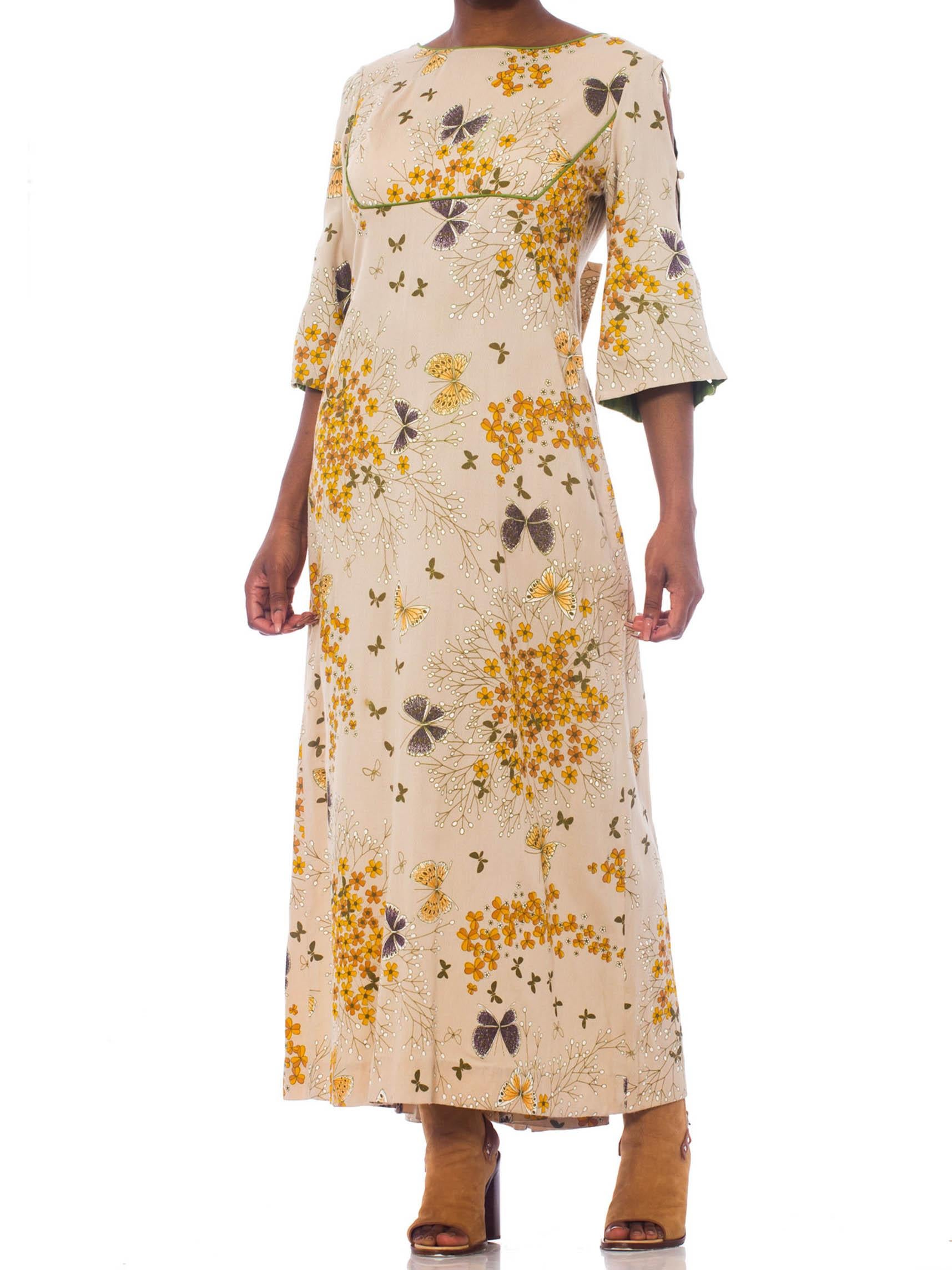 1960S ALFRED SHAHEEN Cotton Barkcloth Hawaiian Butterfly Print Dress With Peek-A-Boo Sleeves