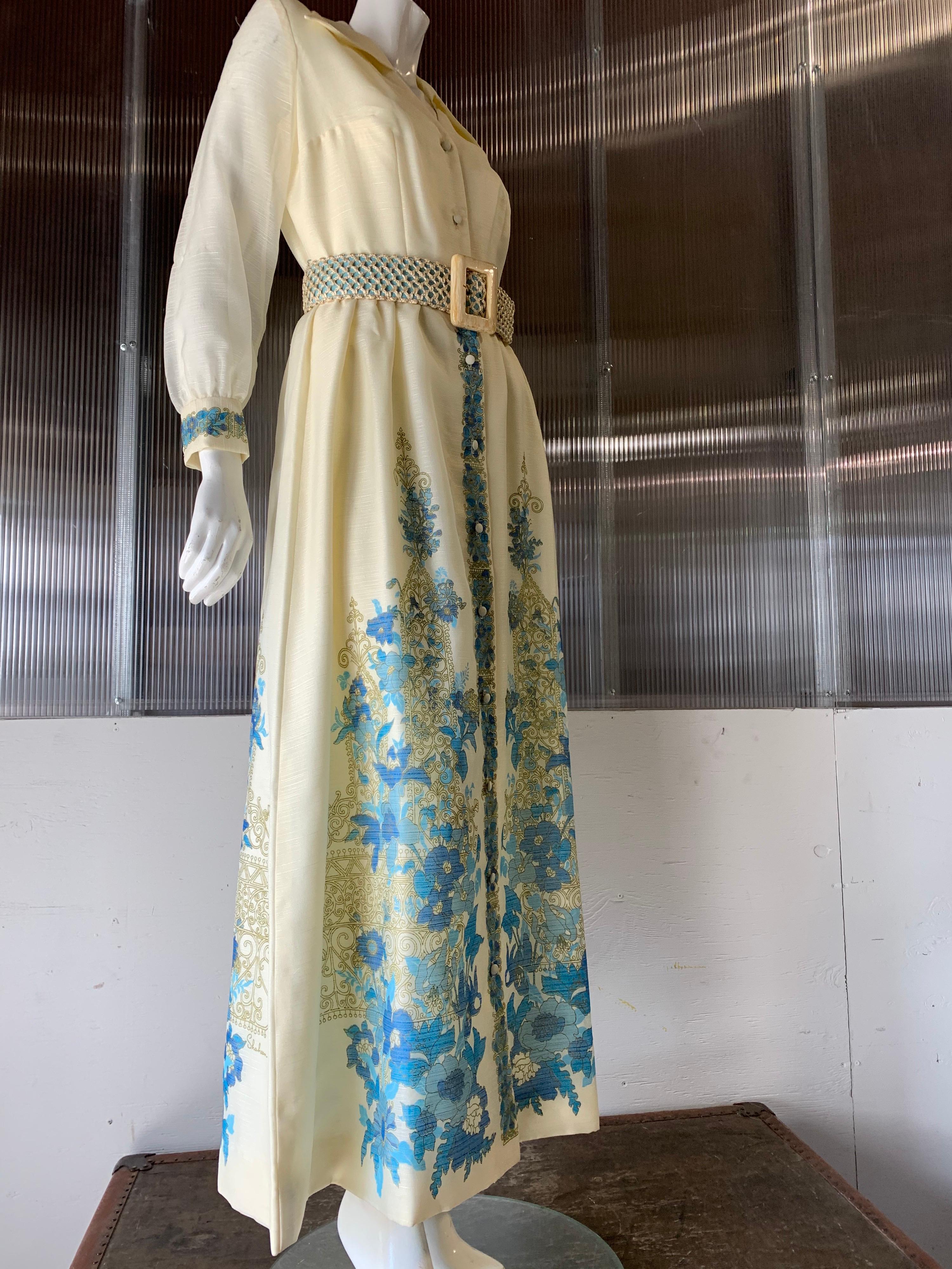 1960s Alfred Shaheen Ivory Hostess Maxi Dress W/ Turquoise Polynesian Print NOS  3