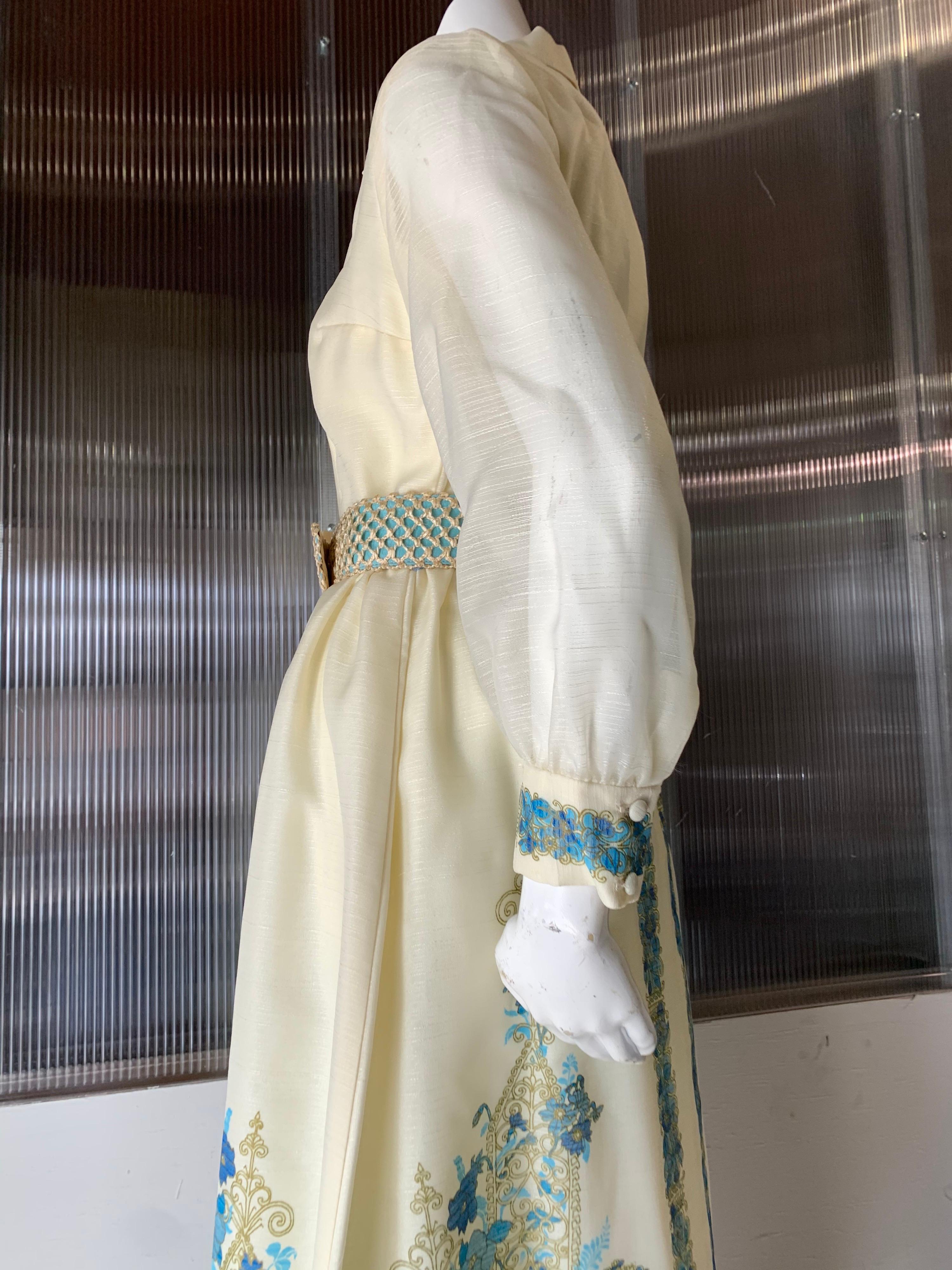Gray 1960s Alfred Shaheen Ivory Hostess Maxi Dress W/ Turquoise Polynesian Print NOS 