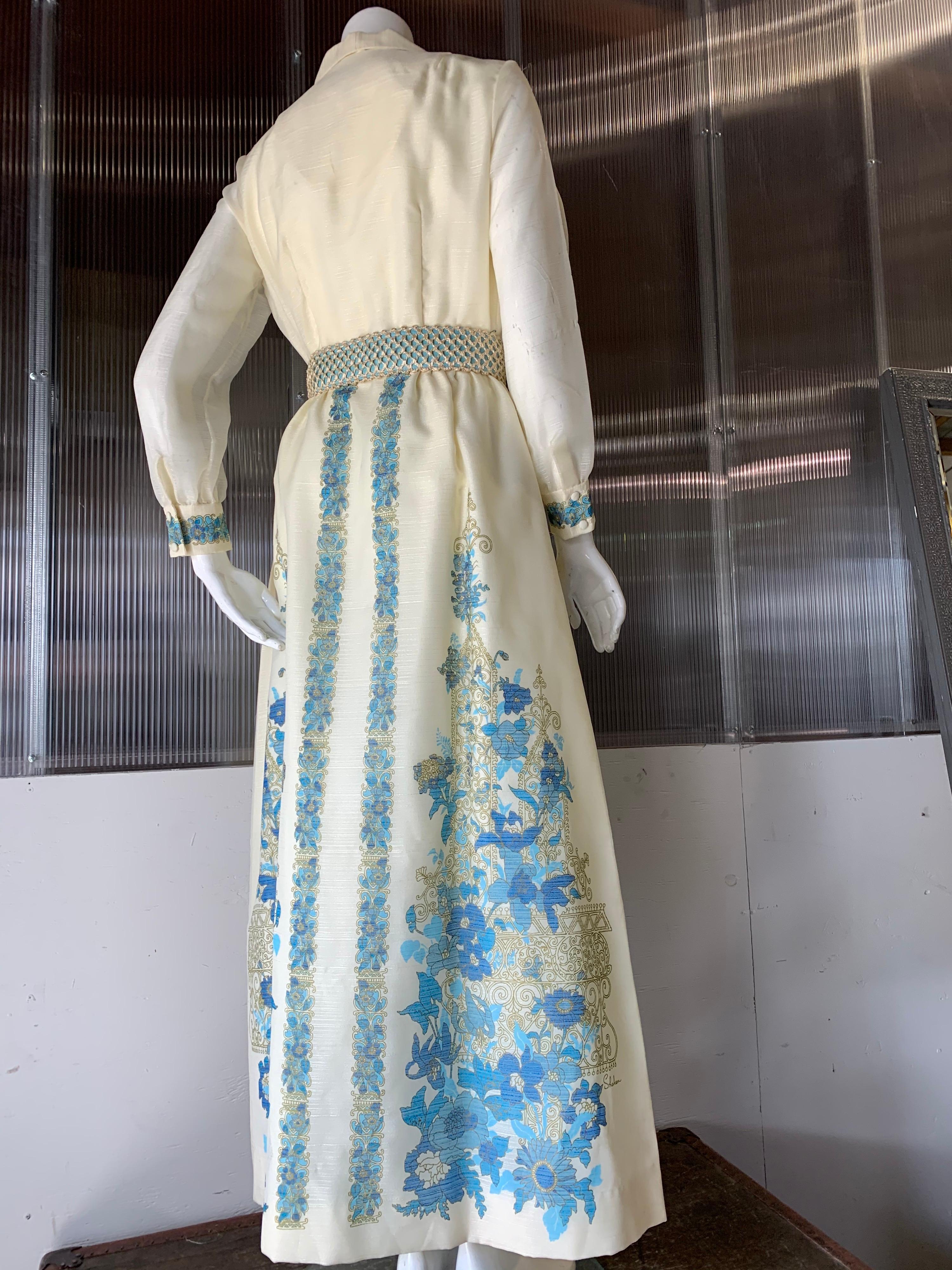 1960s Alfred Shaheen Ivory Hostess Maxi Dress W/ Turquoise Polynesian Print NOS  In Excellent Condition In Gresham, OR