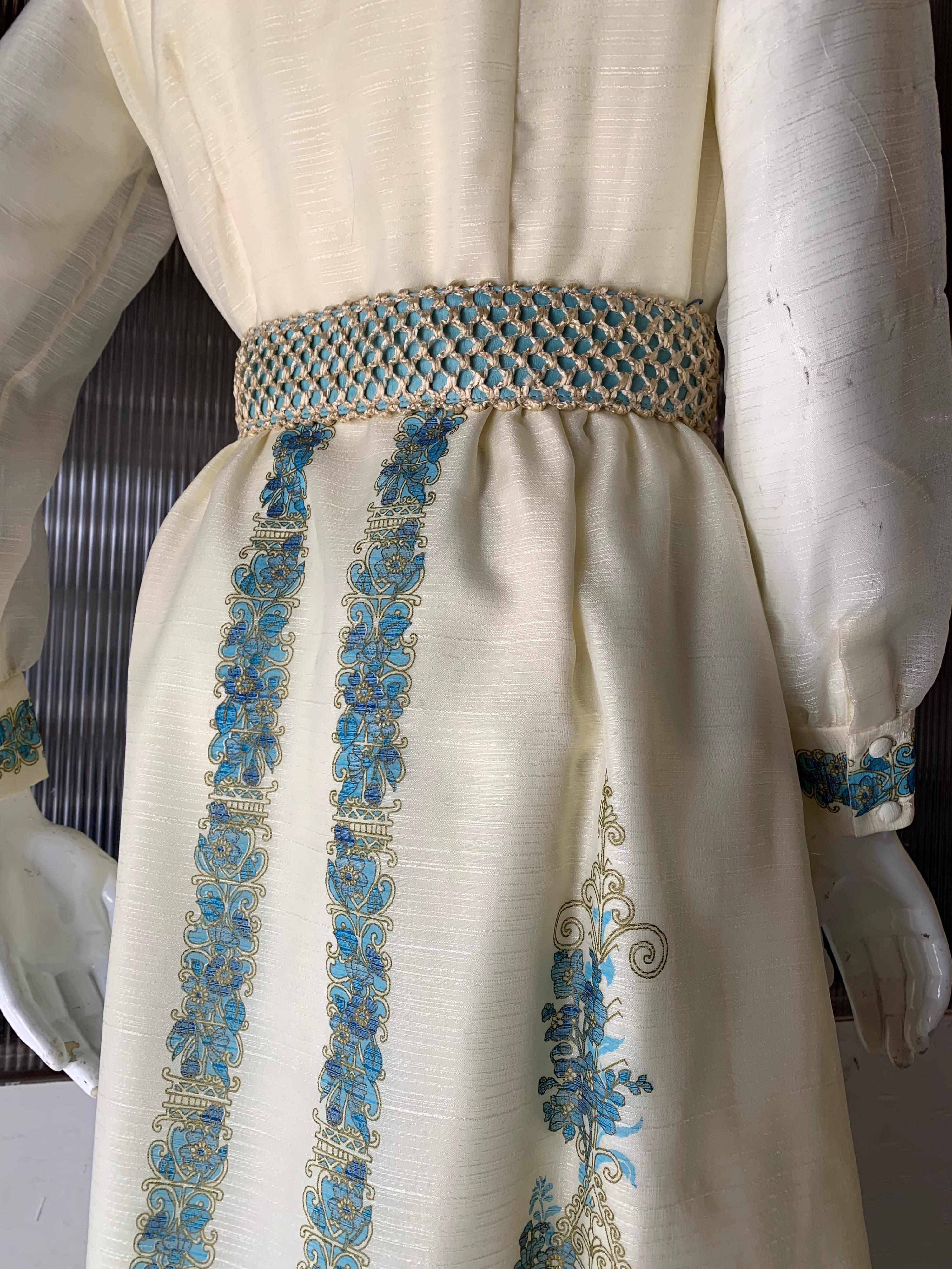 1960s Alfred Shaheen Ivory Hostess Maxi Dress W/ Turquoise Polynesian Print NOS  1