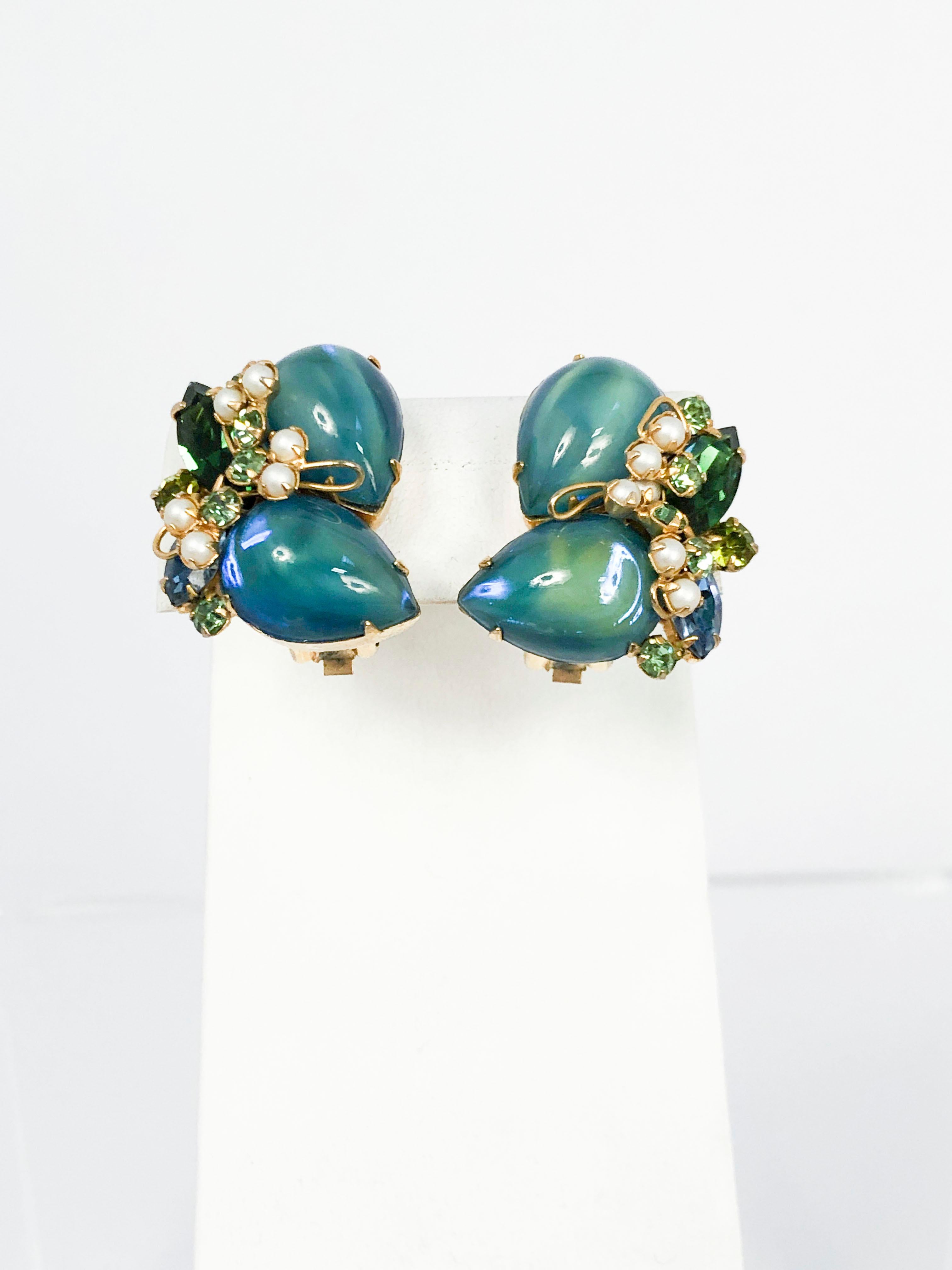 1960s Alice Coveniess Blue/Green Clip-on Earrings with multi-medium stones, fastenings, and faux pearls on gold plate.