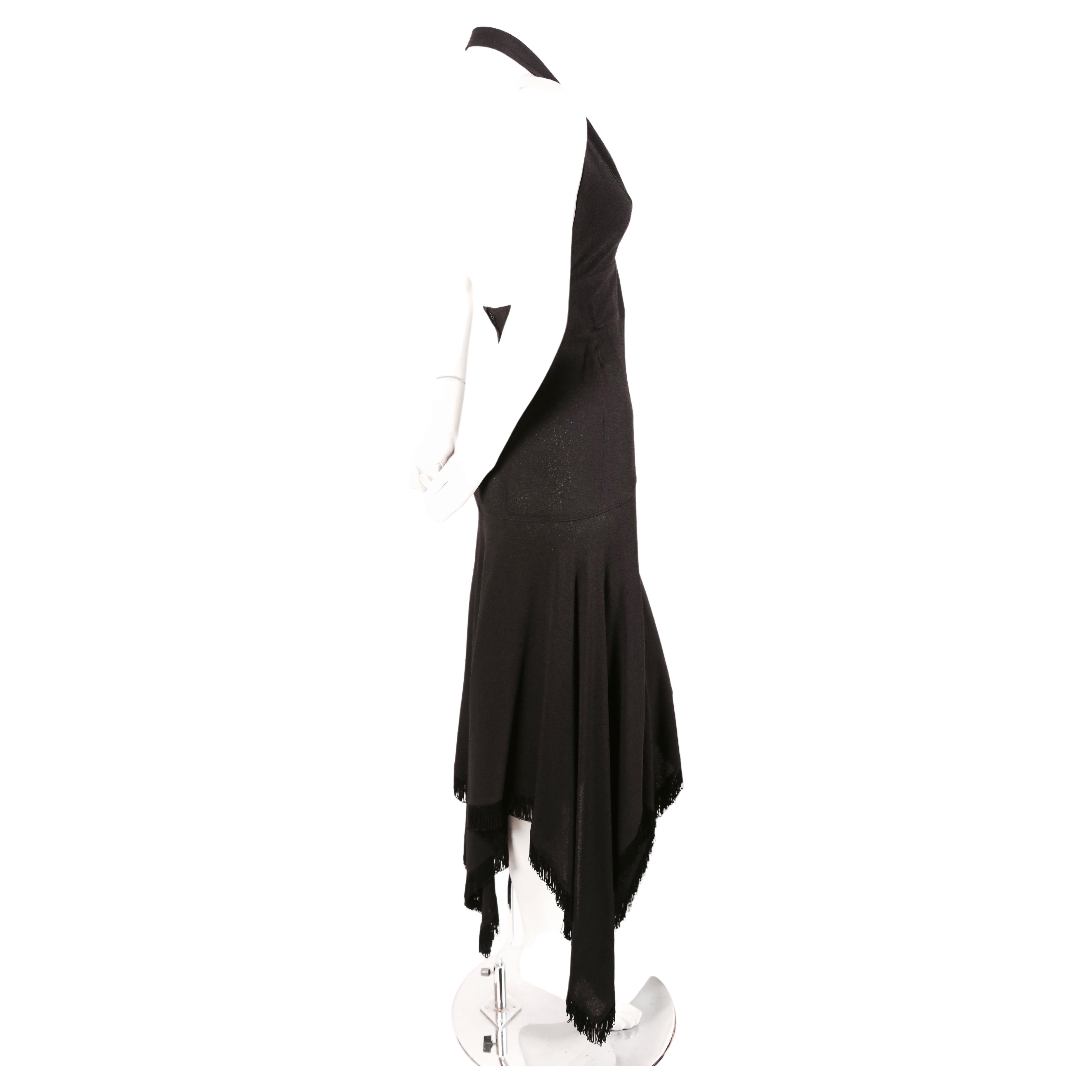 1960's ALICE POLLOCK / QUORUM black moss crepe halter dress with fringe In Good Condition For Sale In San Fransisco, CA