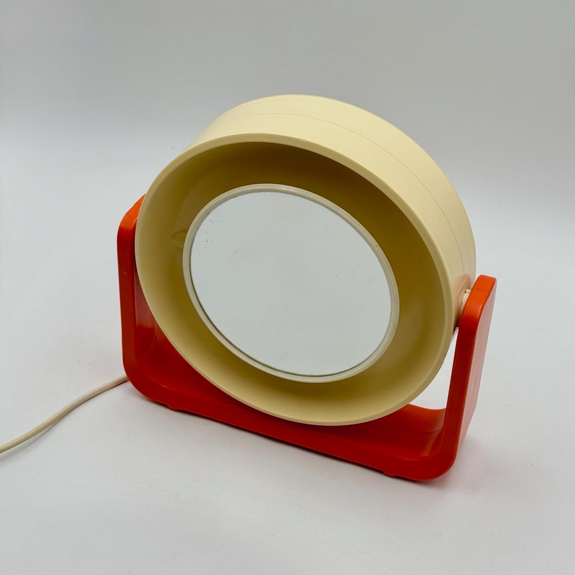 Vetro 1960s Allibert Space Age Illuminated Mirror with Orange Plastic Base in vendita