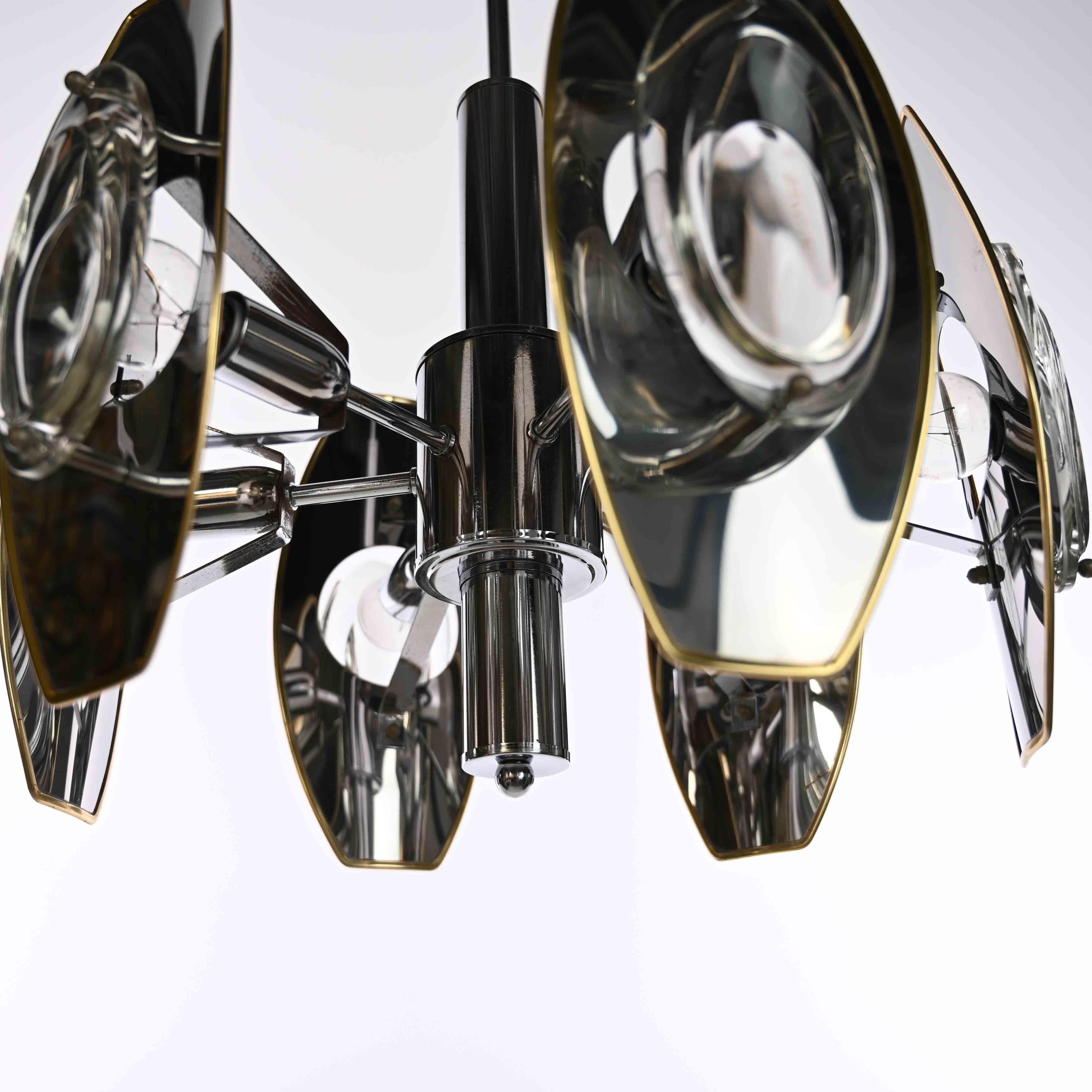 Aluminum 1960s Aluminium, Brass and Glass Chandelier by Oscar Torlasco