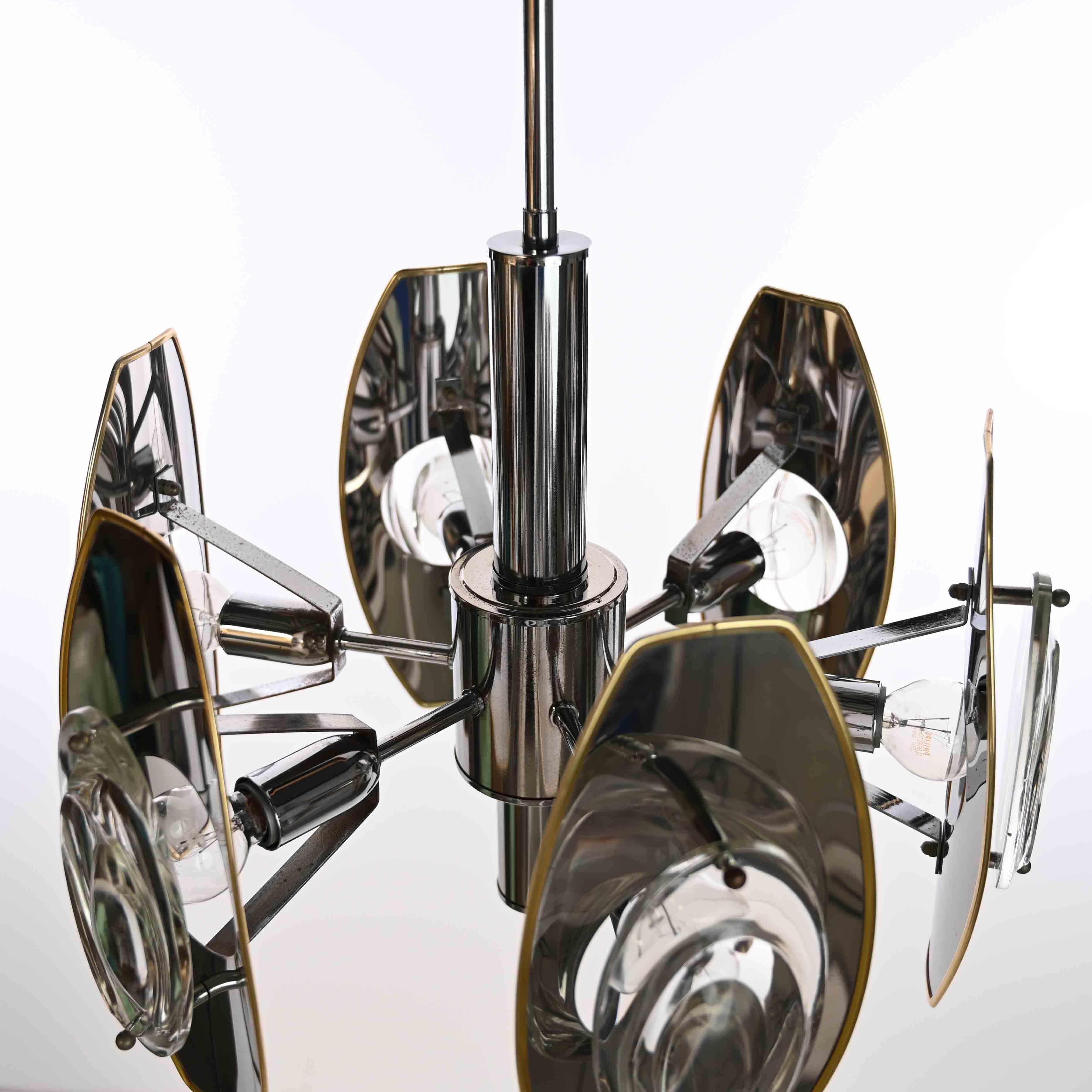 1960s Aluminium, Brass and Glass Chandelier by Oscar Torlasco 1