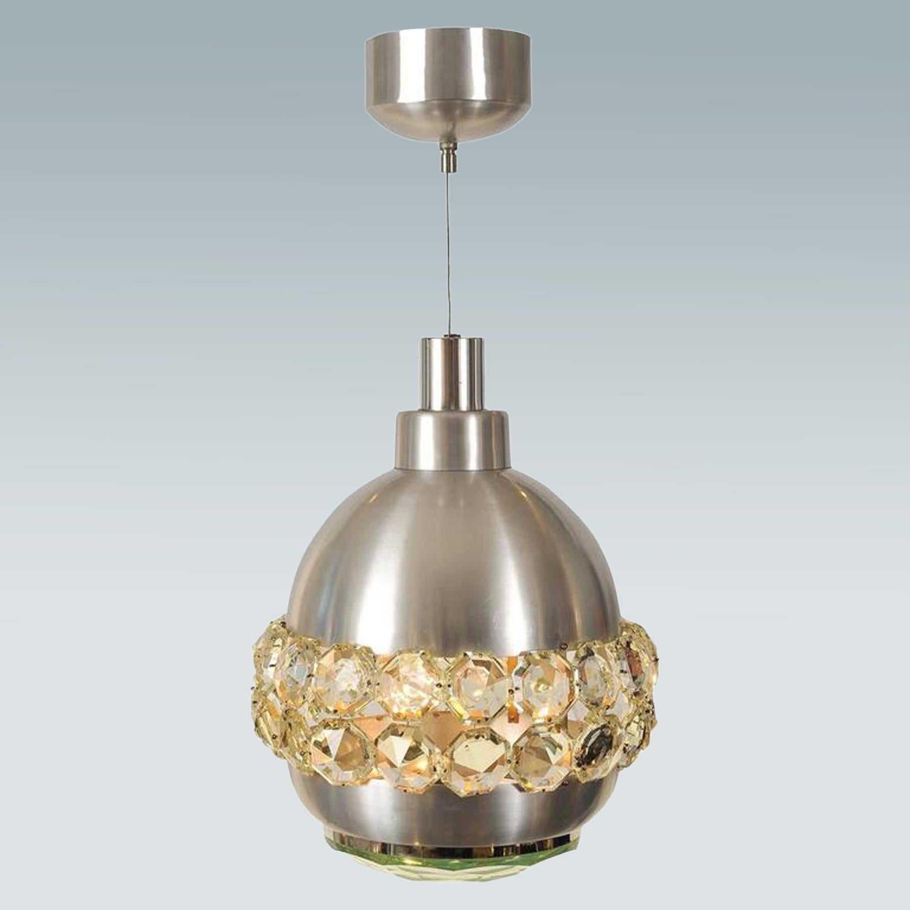 Glamorous Italian brushed aluminium pendant with decorative ring of  diamond shaped crystals and faceted glass bowl base. Exudes a lovely warm light. Designed by Pia Guidetti Crippa for Lumi.

 