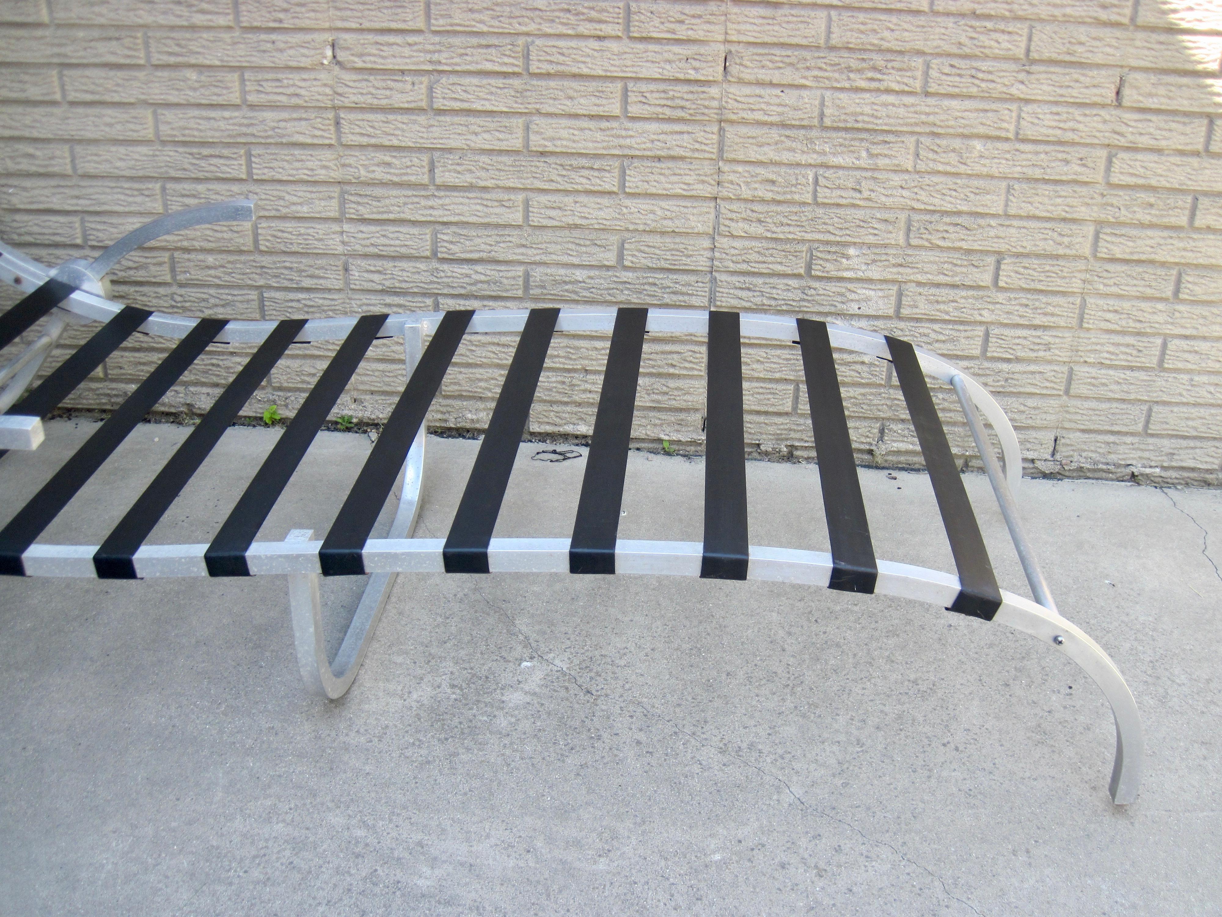 1960s Aluminum Framed Webbed Palm Springs Poolside Chaise Lounge For Sale 1