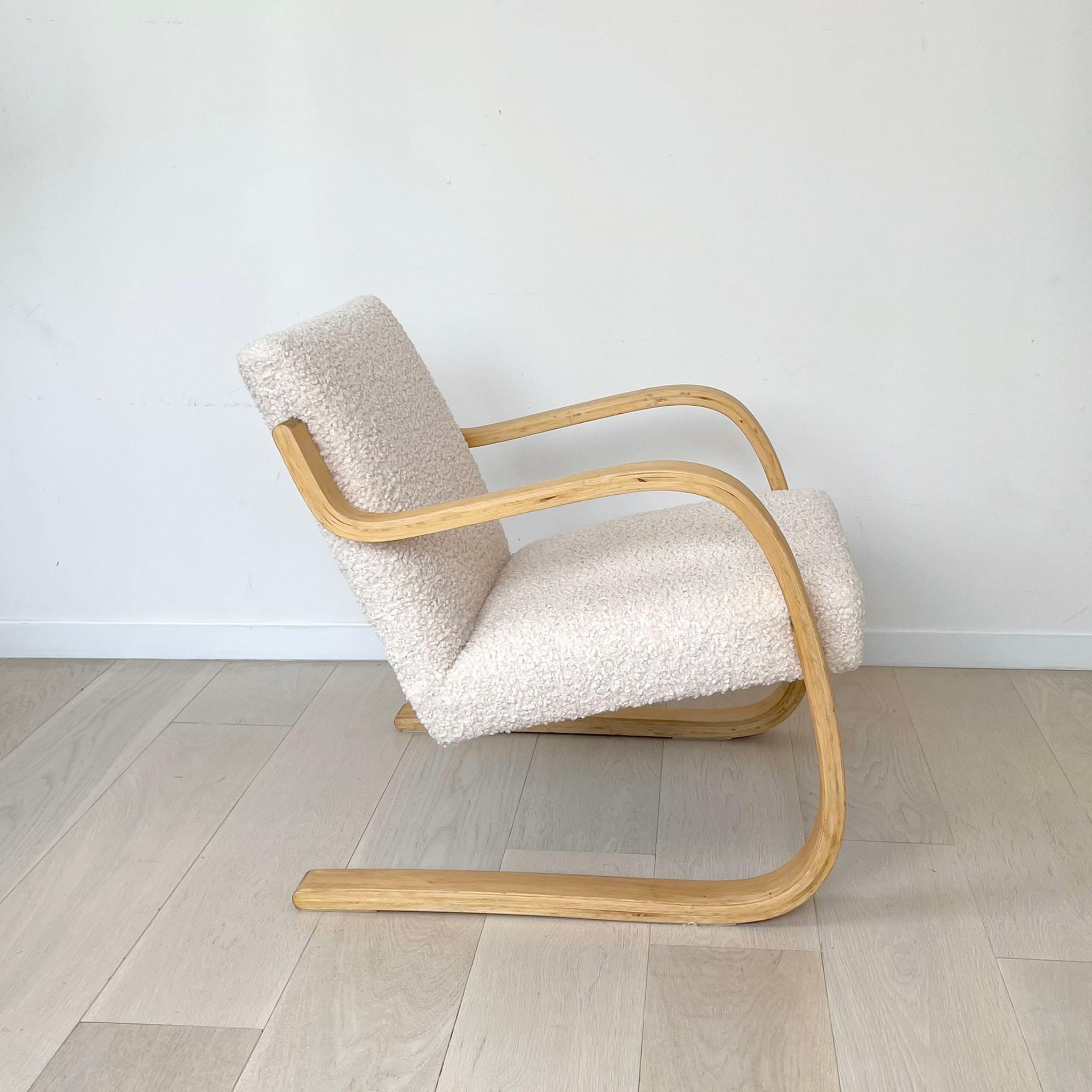 Mid-Century Modern 1960s, Alvar Aalto Birch Bentwood Chair Upholstered in Fluffy Boucle Shearling