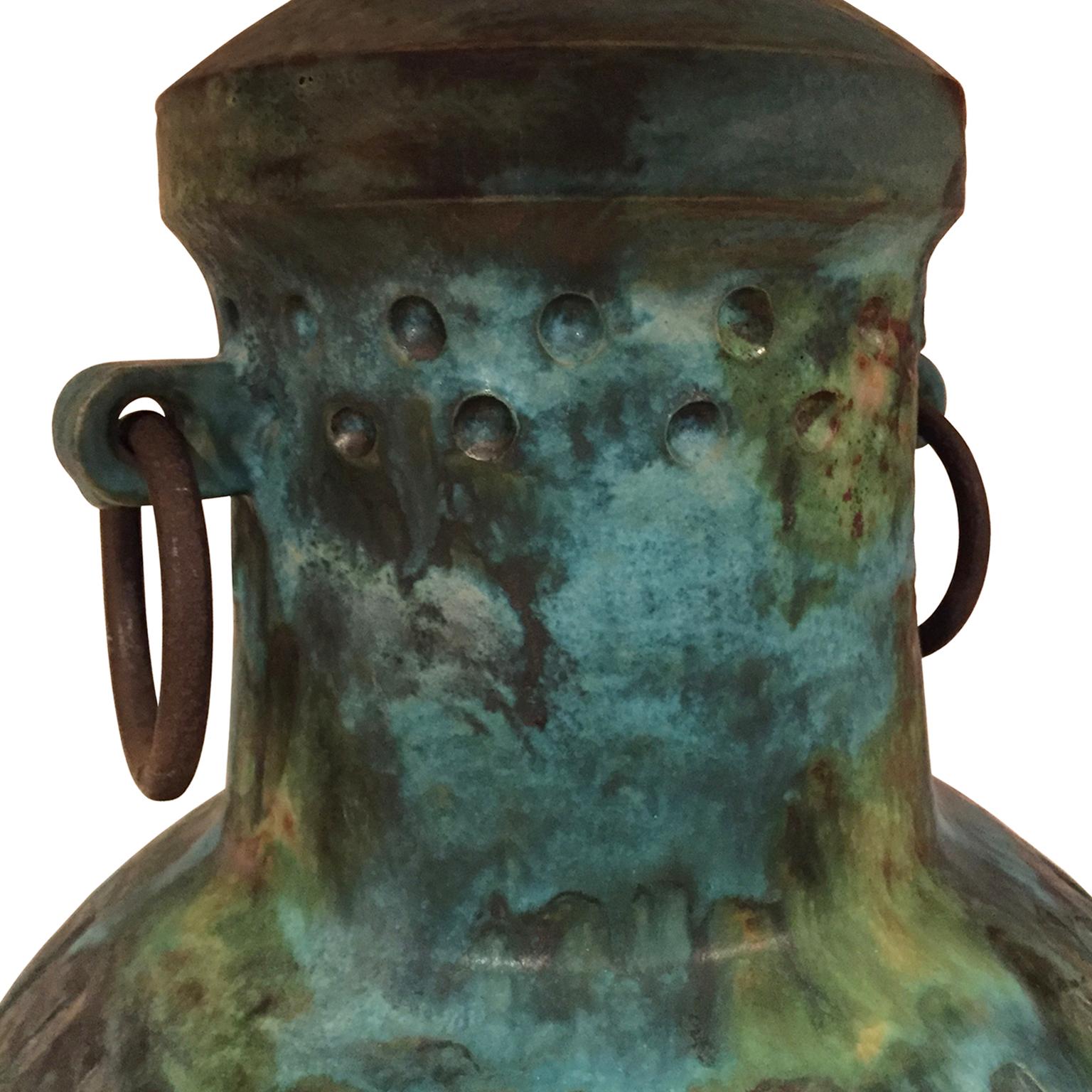 Alvino Bagni for Raymor ceramic jar lamp with handles and iron rings in blue green glaze, Italy, 1960s.