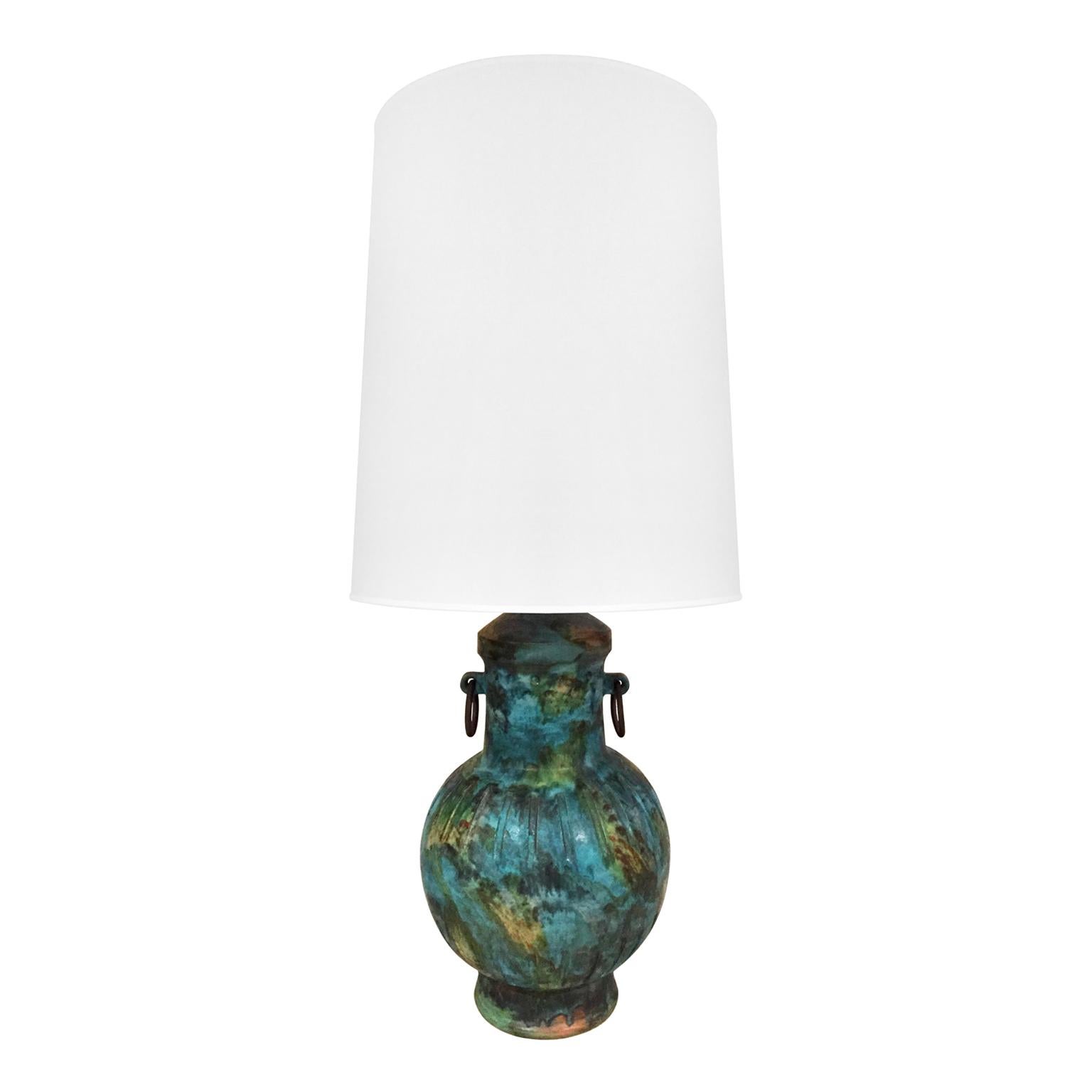 1960s Alvino Bagni Raymor Ceramic Jar Lamp in Blue Green Glaze For Sale