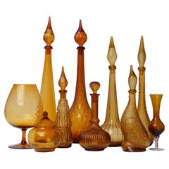 1960s Amber Glass Set of Ten Italian Empoli Genie Bottles, Vases and a Candy Jar