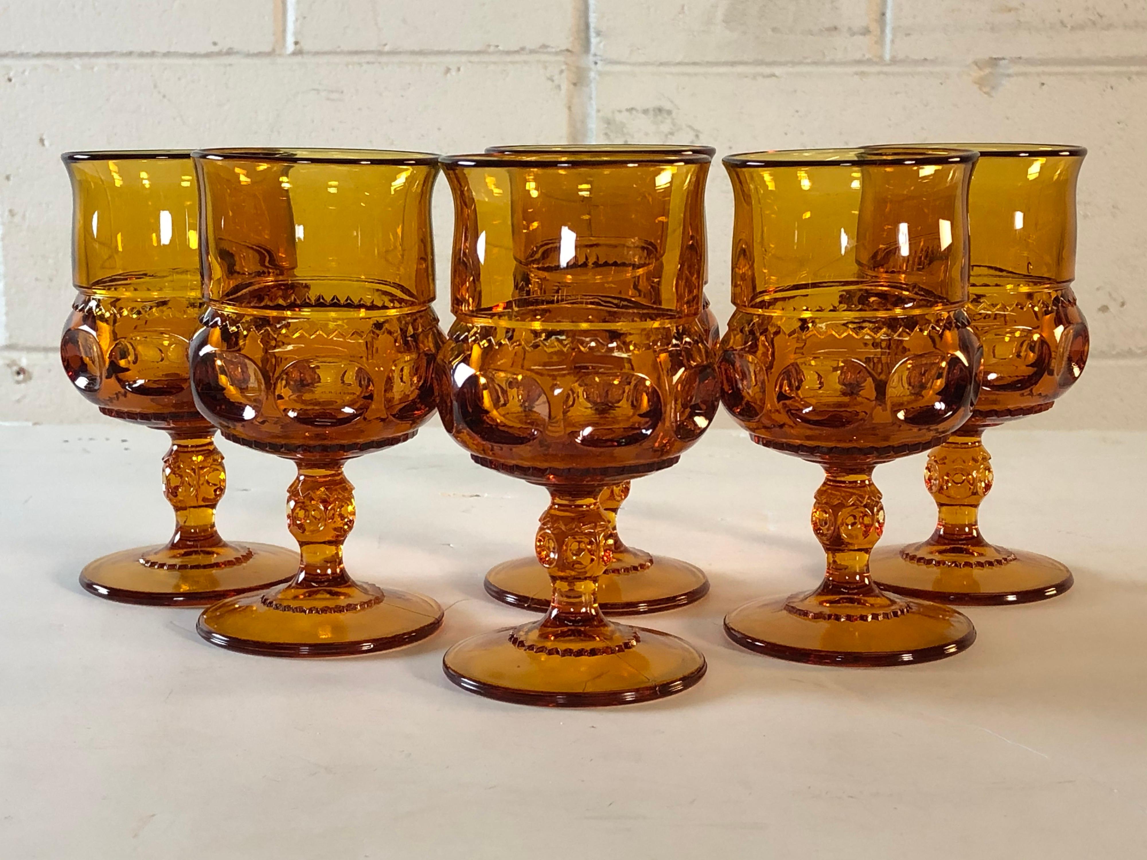 Vintage 1960s set of 6 amber King’s Crown water or wine goblets. Excellent condition. No marks.