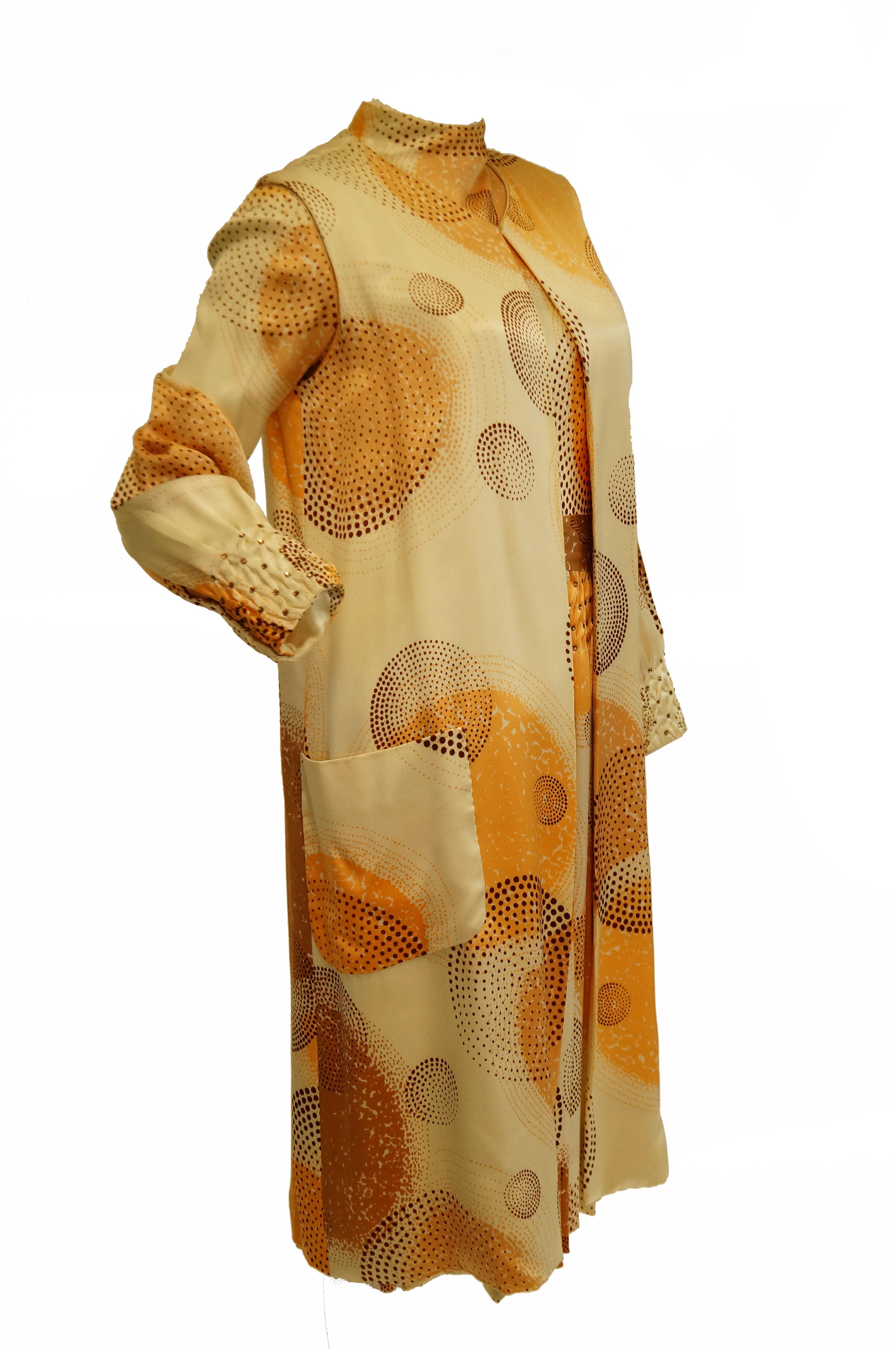 1960s Amber Silk Op Art Cocktail Dress and Vest 6