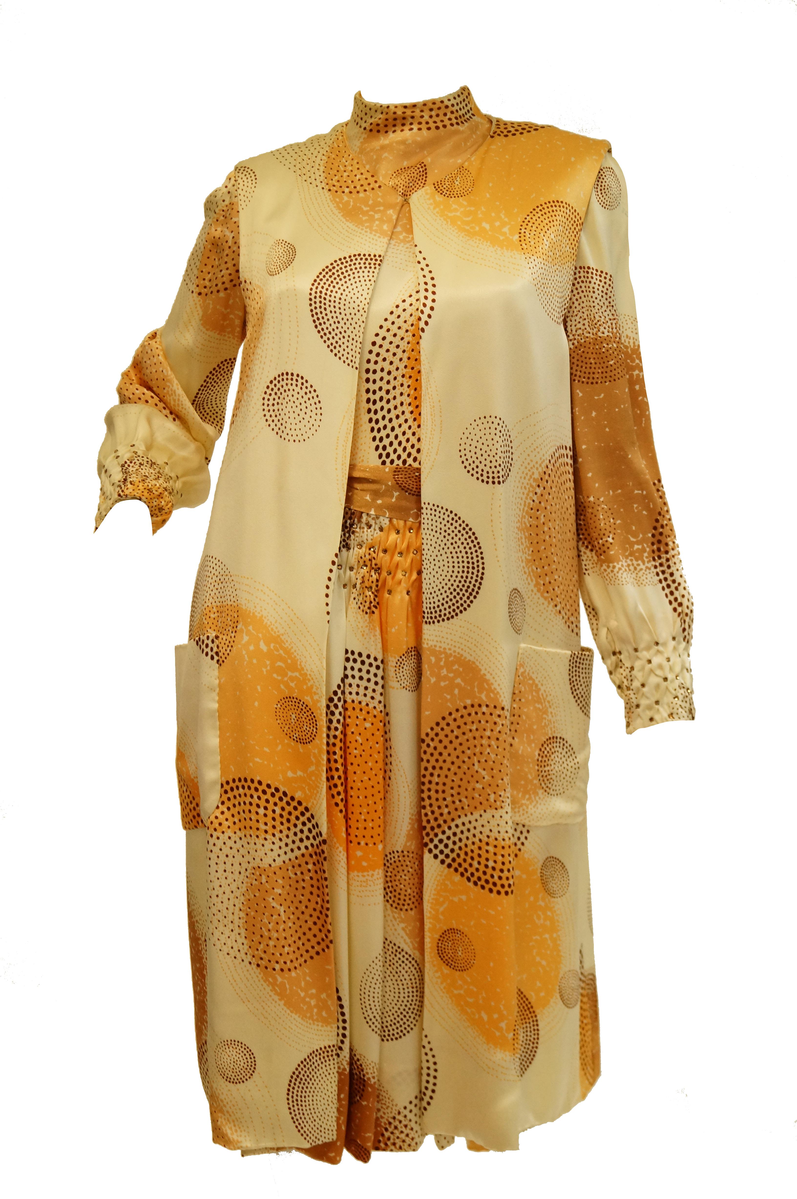 1960s Amber Silk Op Art Cocktail Dress and Vest 7