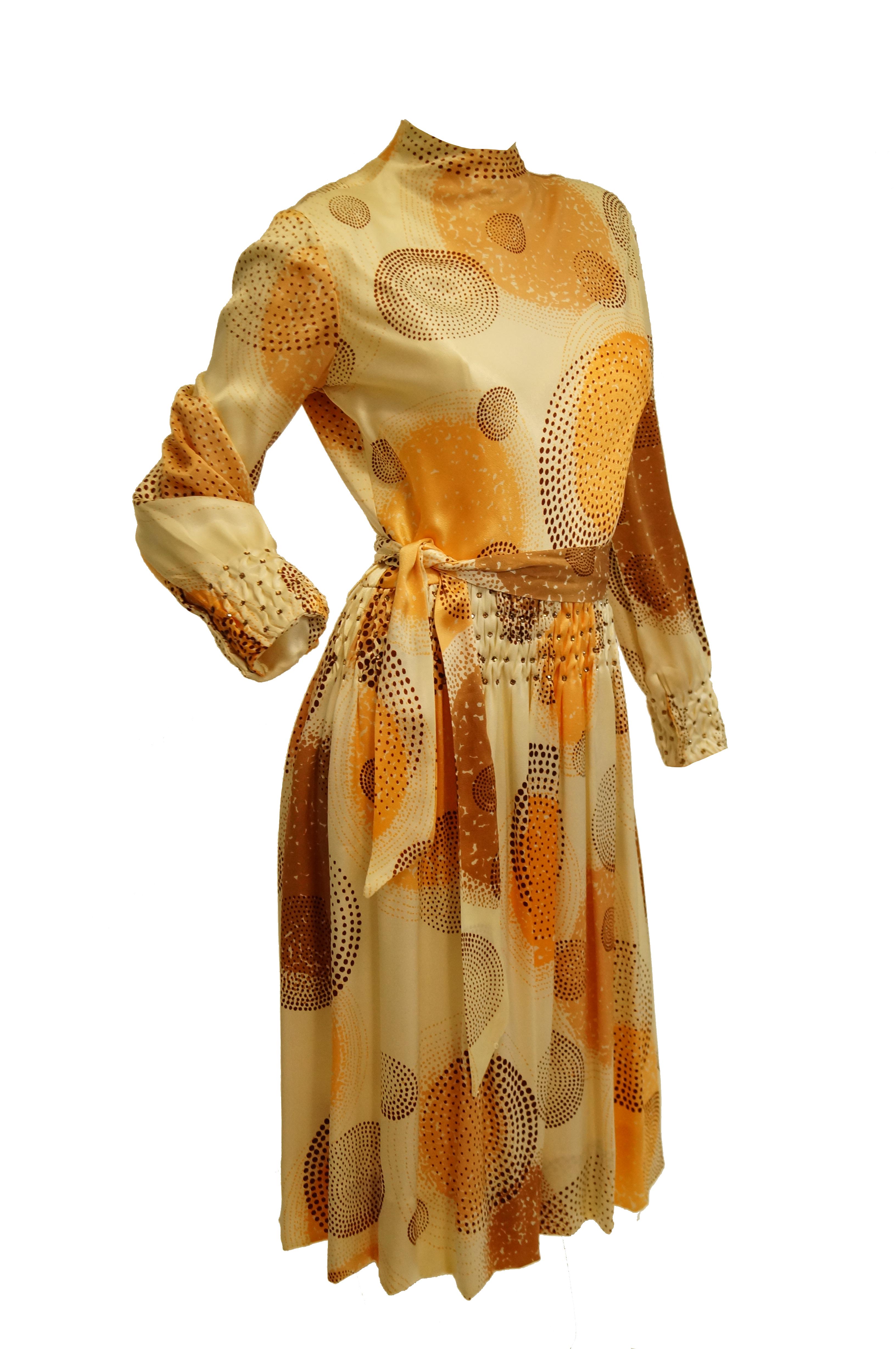 Brown 1960s Amber Silk Op Art Cocktail Dress and Vest