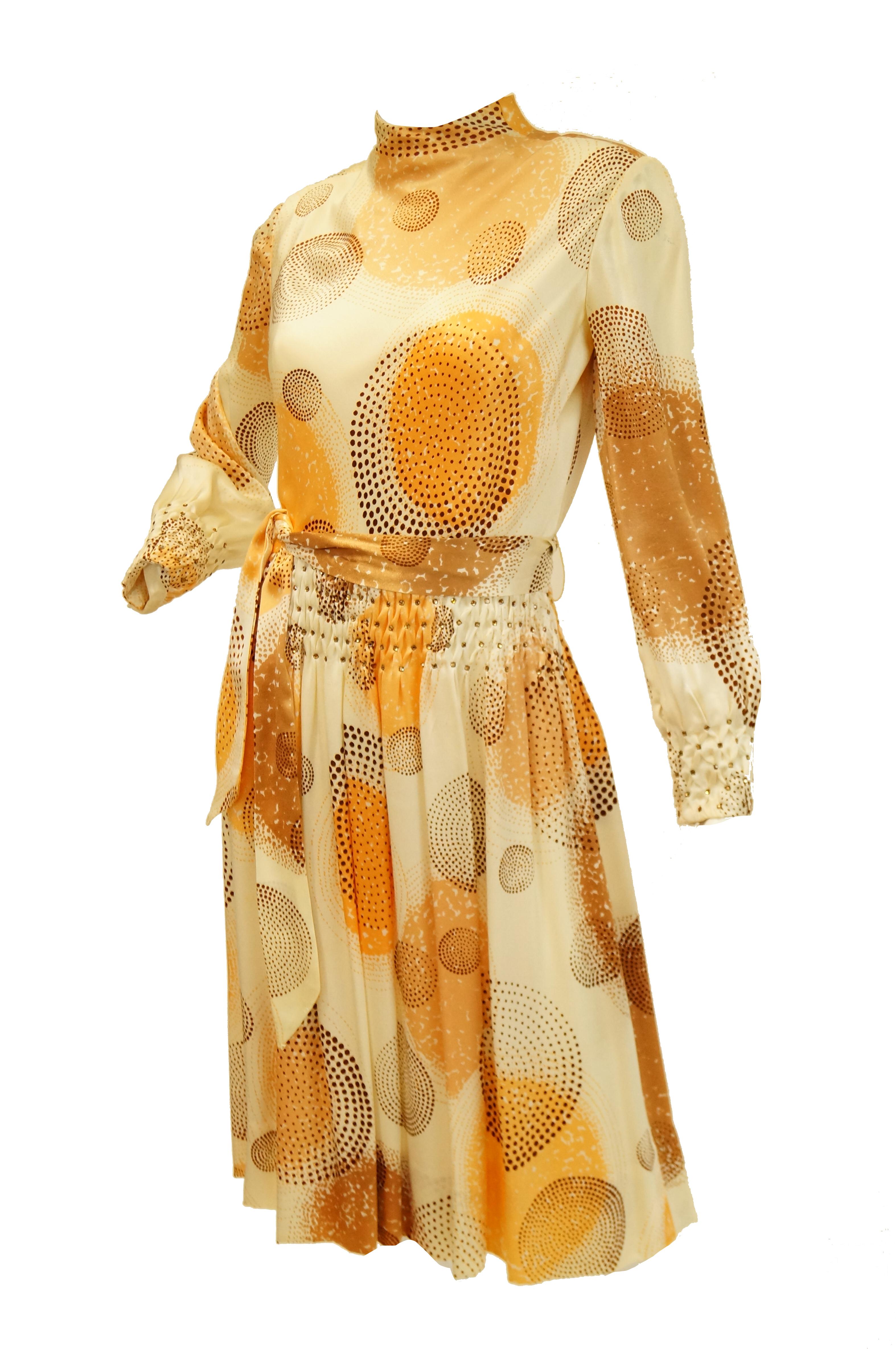1960s Amber Silk Op Art Cocktail Dress and Vest In Excellent Condition In Houston, TX