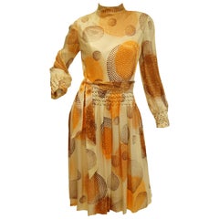 1960s Amber Silk Op Art Cocktail Dress and Vest