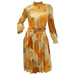 Vintage 1960s Amber Silk Op Art Cocktail Dress and Vest