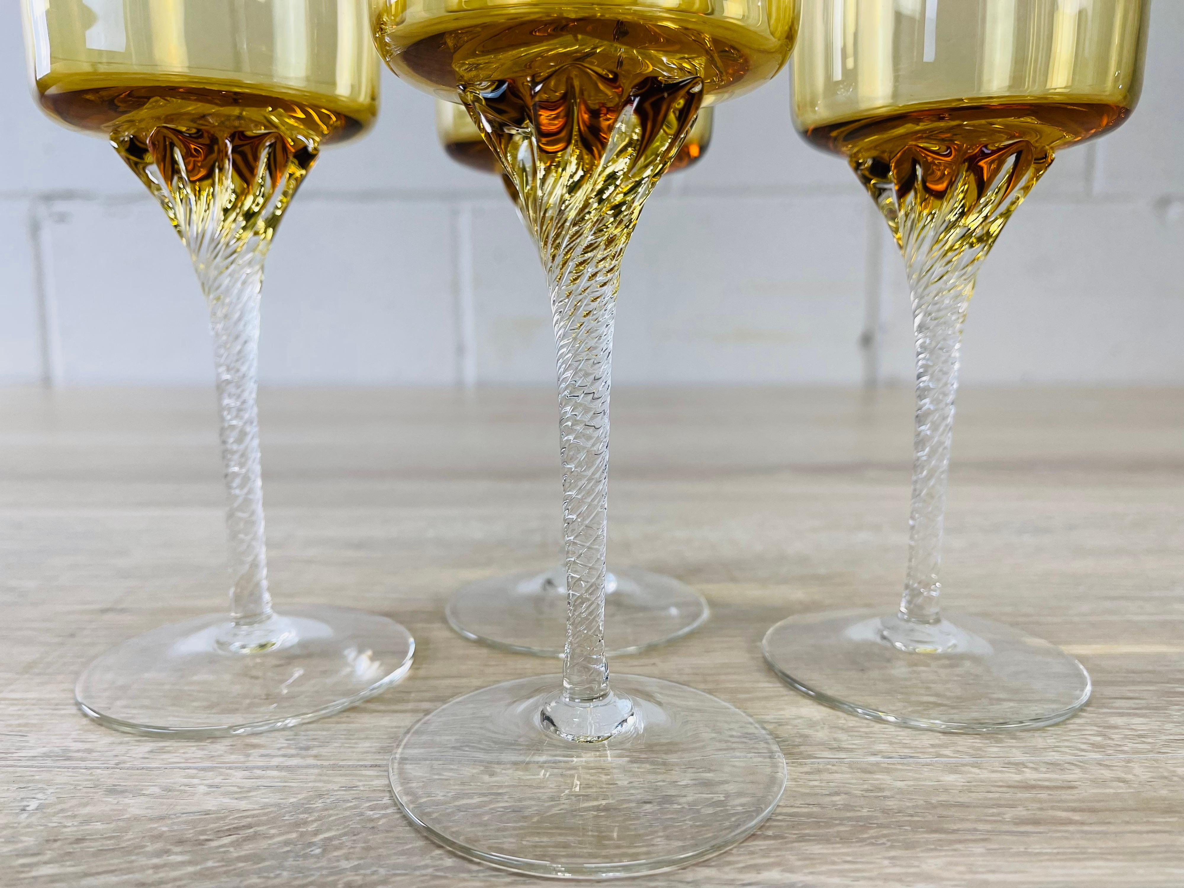 Mid-Century Modern 1960s Amber Tall Glass Wine Goblets with Twisted Stems, Set of 4 For Sale