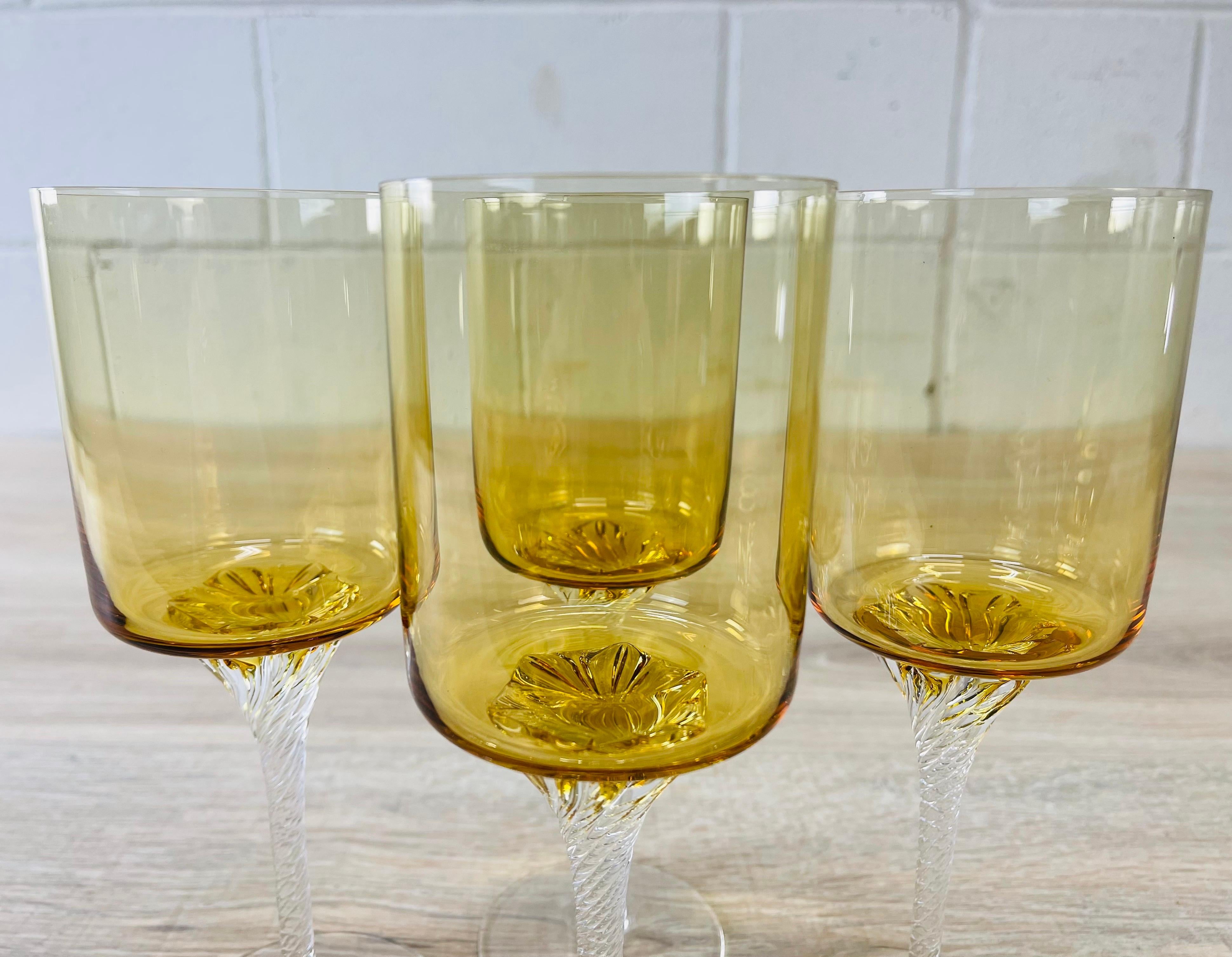 1960s Amber Tall Glass Wine Goblets with Twisted Stems, Set of 4 In Good Condition For Sale In Amherst, NH