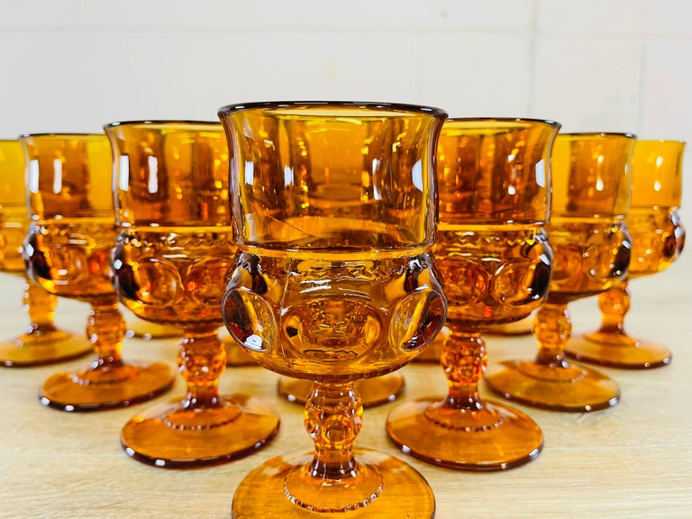 1960s Amber Thumbprint Glass Water Stems, Set of 12 In Good Condition For Sale In Amherst, NH