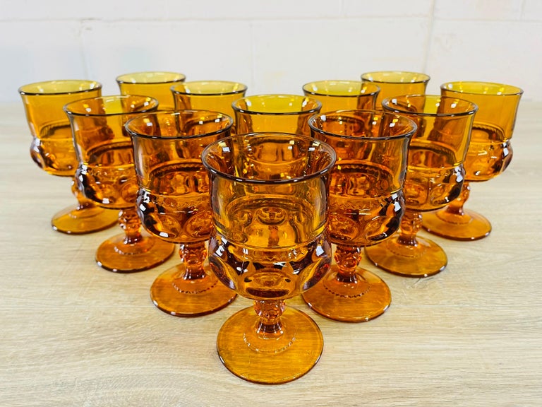 20th Century 1960s Amber Thumbprint Glass Water Stems, Set of 12 For Sale