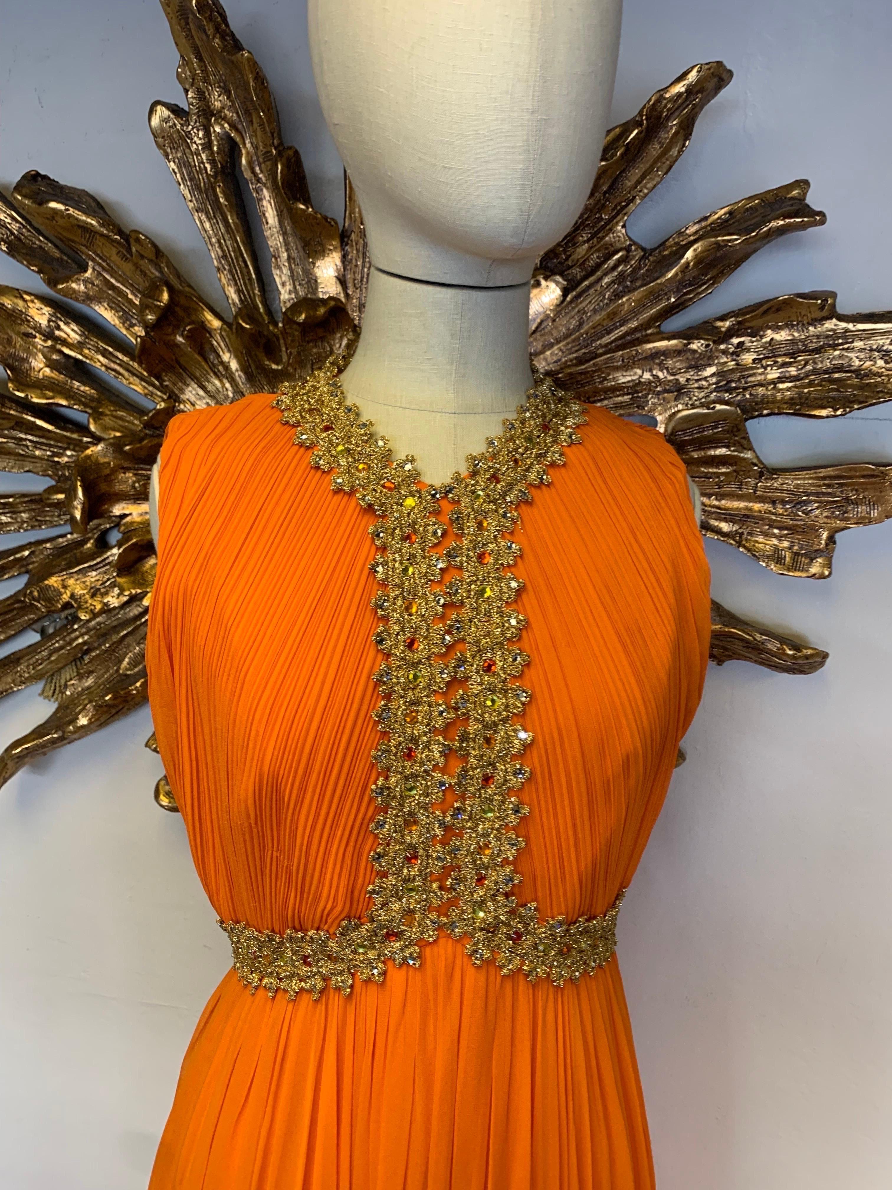 1960s Amen Wardy Orange Knife-Pleated Goddess Gown with Jeweled Neckline & Waist For Sale 3