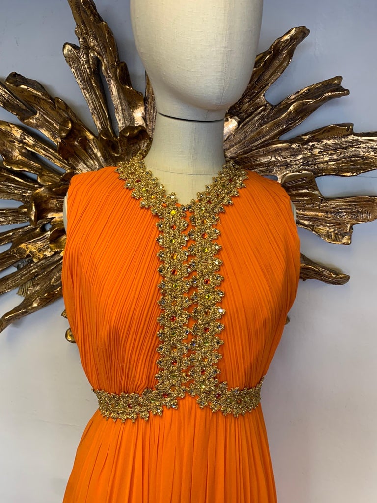 1960s Amen Wardy Orange Knife-Pleated Goddess Gown with Jeweled Neckline & Waist For Sale 6