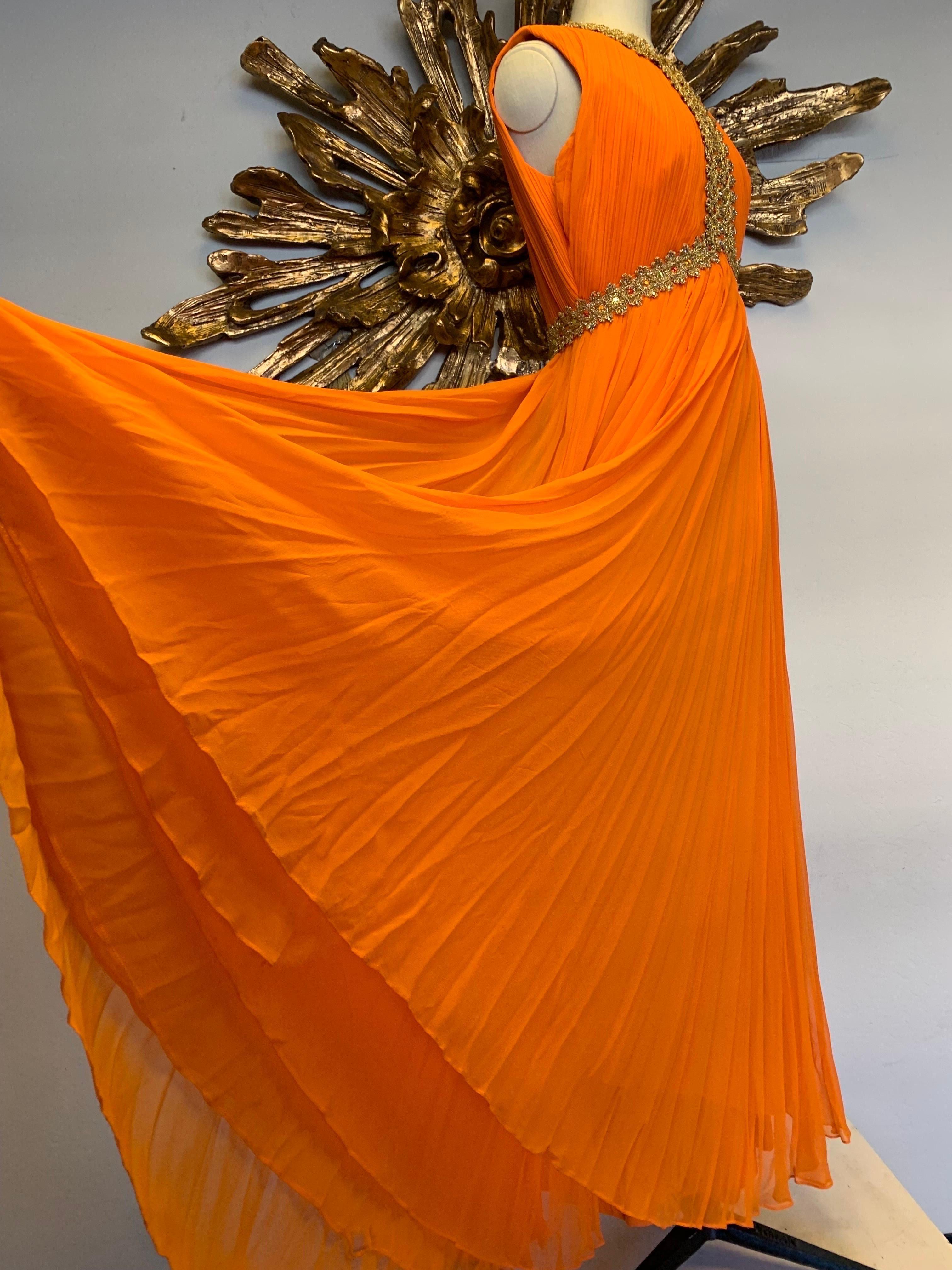 1960s Amen Wardy Orange Knife-Pleated Goddess Gown with Jeweled Neckline & Waist For Sale 4
