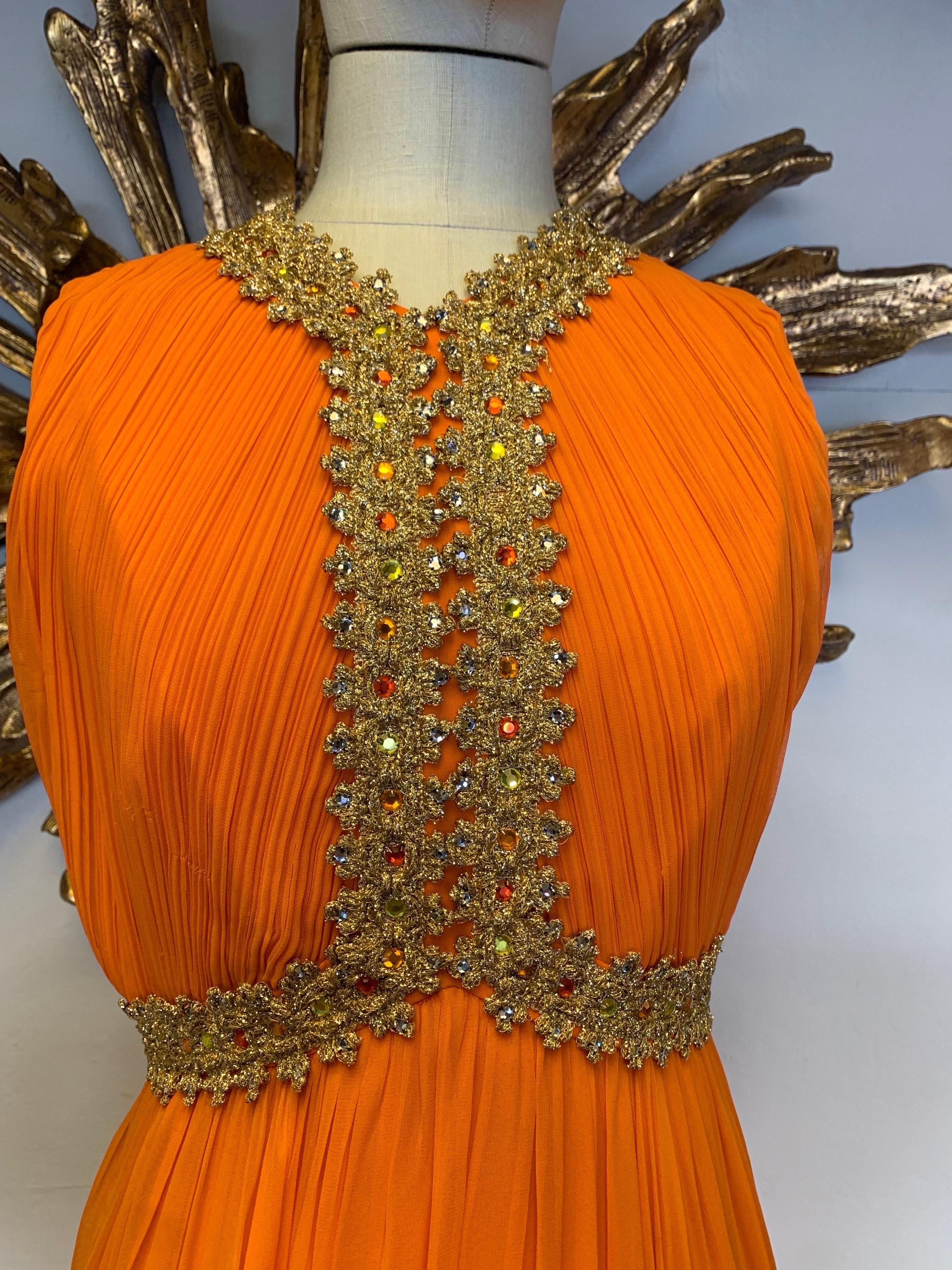 1960s Amen Wardy Orange Knife-Pleated Goddess Gown with Jeweled Neckline & Waist For Sale 6