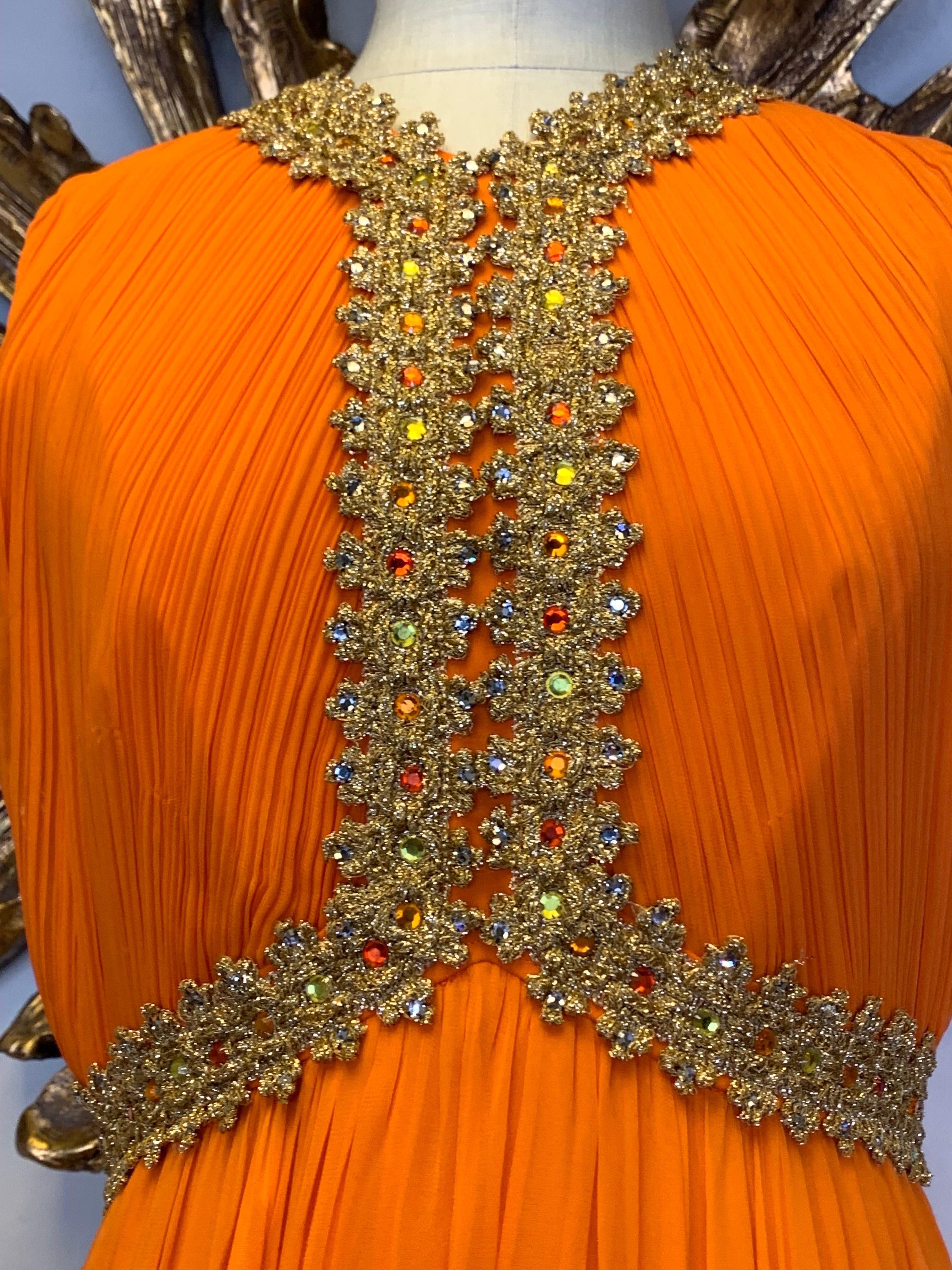 1960s Amen Wardy Orange Knife-Pleated Goddess Gown with Jeweled Neckline & Waist For Sale 7