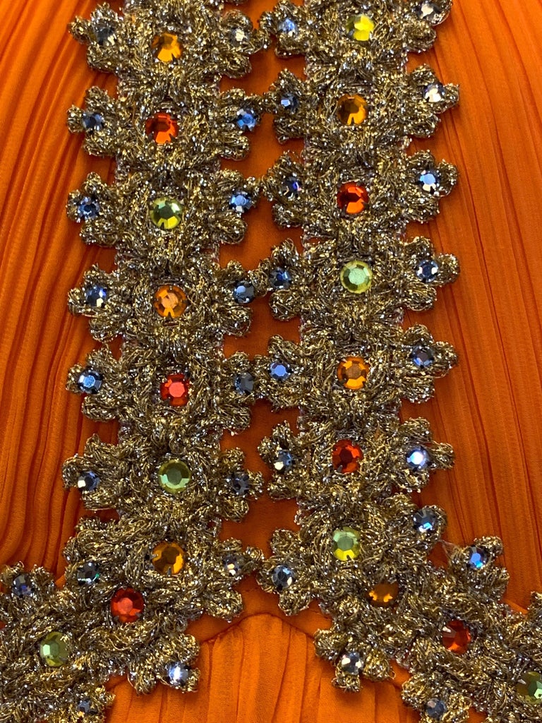 1960s Amen Wardy Orange Knife-Pleated Goddess Gown with Jeweled Neckline & Waist For Sale 11