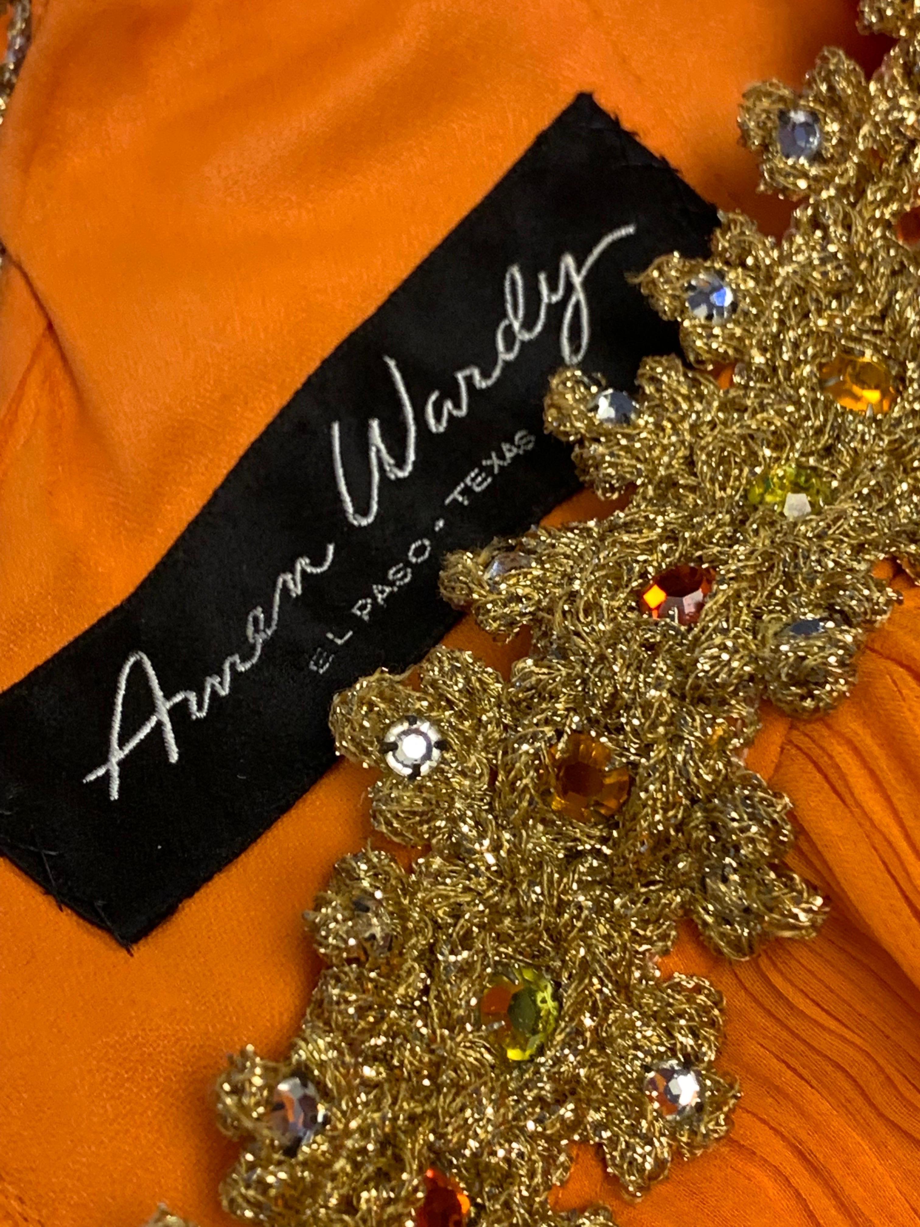 Amen Wardy - Robe de déesse orange à manches coupées au cou et à taille ornée de bijoux, années 1960 en vente 11