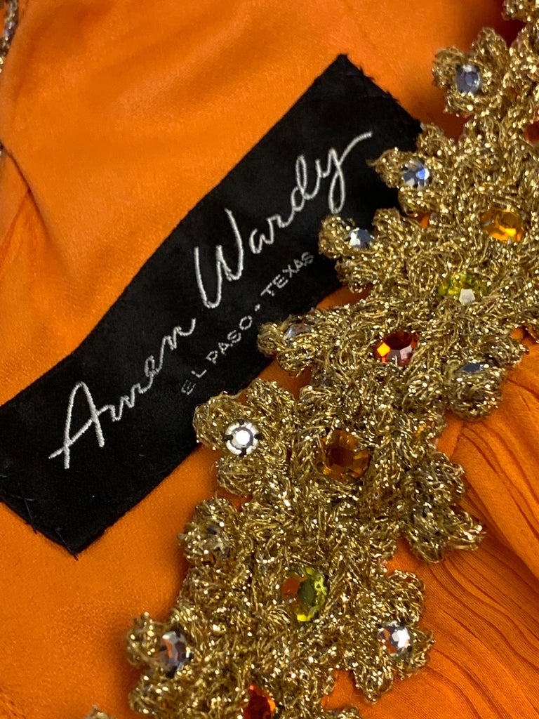 1960s Amen Wardy Orange Knife-Pleated Goddess Gown with Jeweled Neckline & Waist For Sale 12