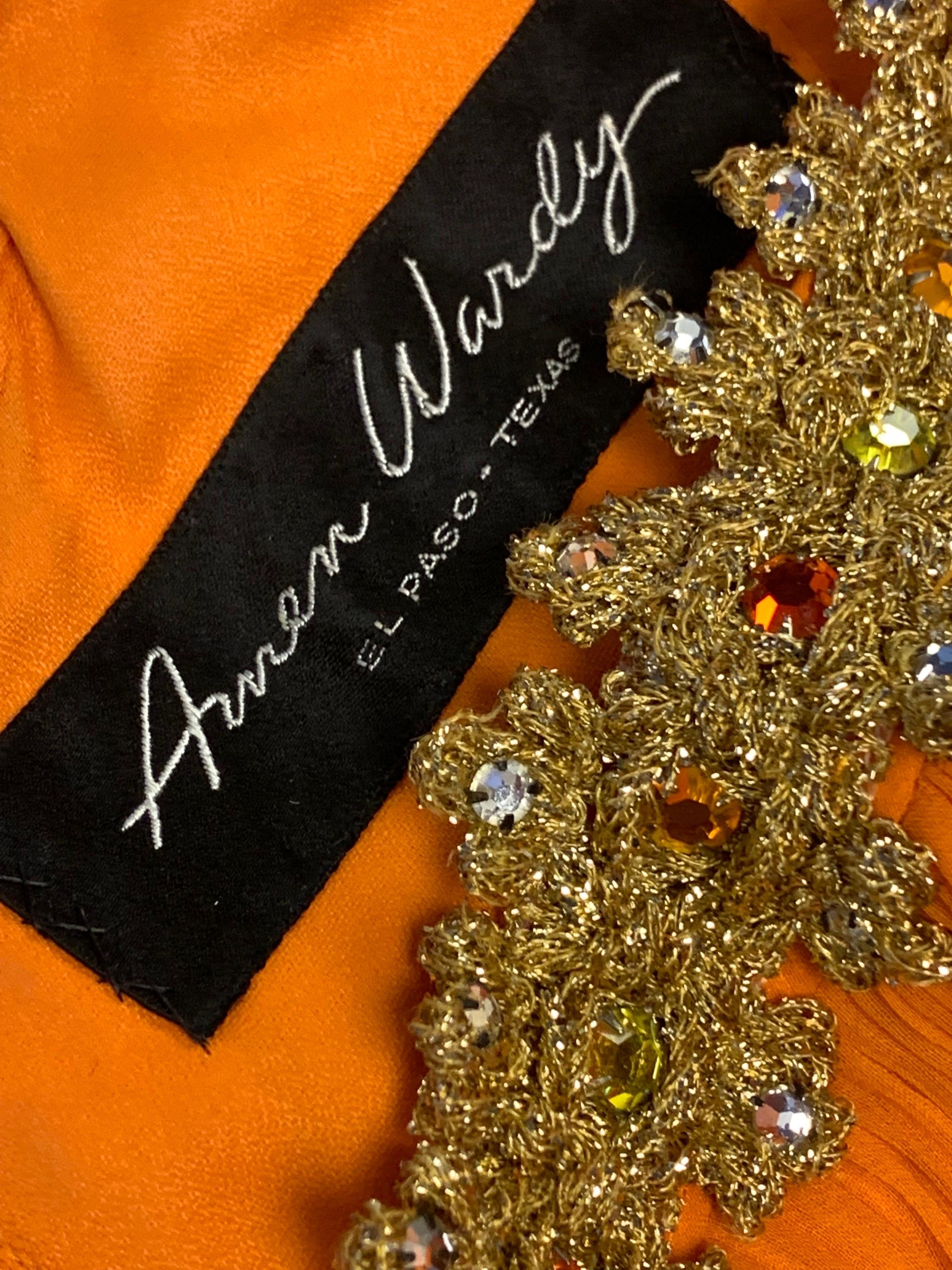 Amen Wardy - Robe de déesse orange à manches coupées au cou et à taille ornée de bijoux, années 1960 en vente 12