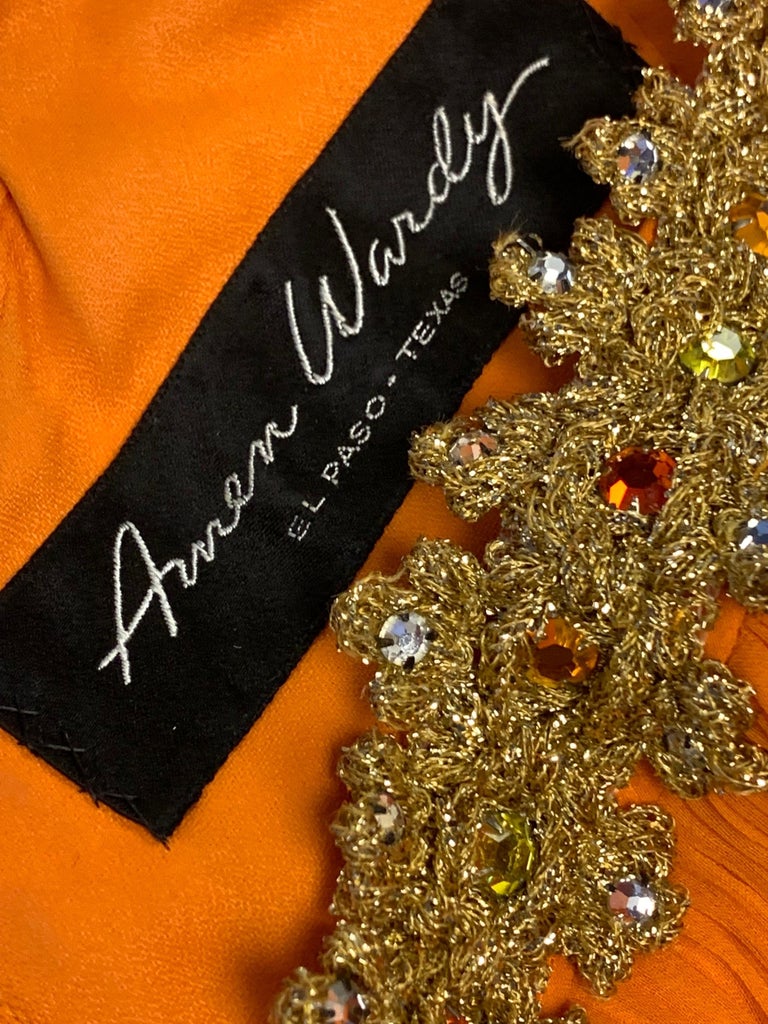 1960s Amen Wardy Orange Knife-Pleated Goddess Gown with Jeweled Neckline & Waist For Sale 13