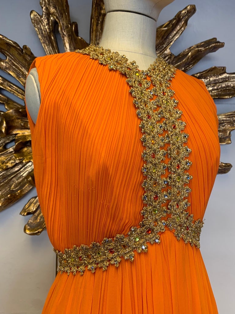 1960s Amen Wardy Orange Knife-Pleated Goddess Gown with Jeweled Neckline & Waist In Excellent Condition For Sale In San Francisco, CA