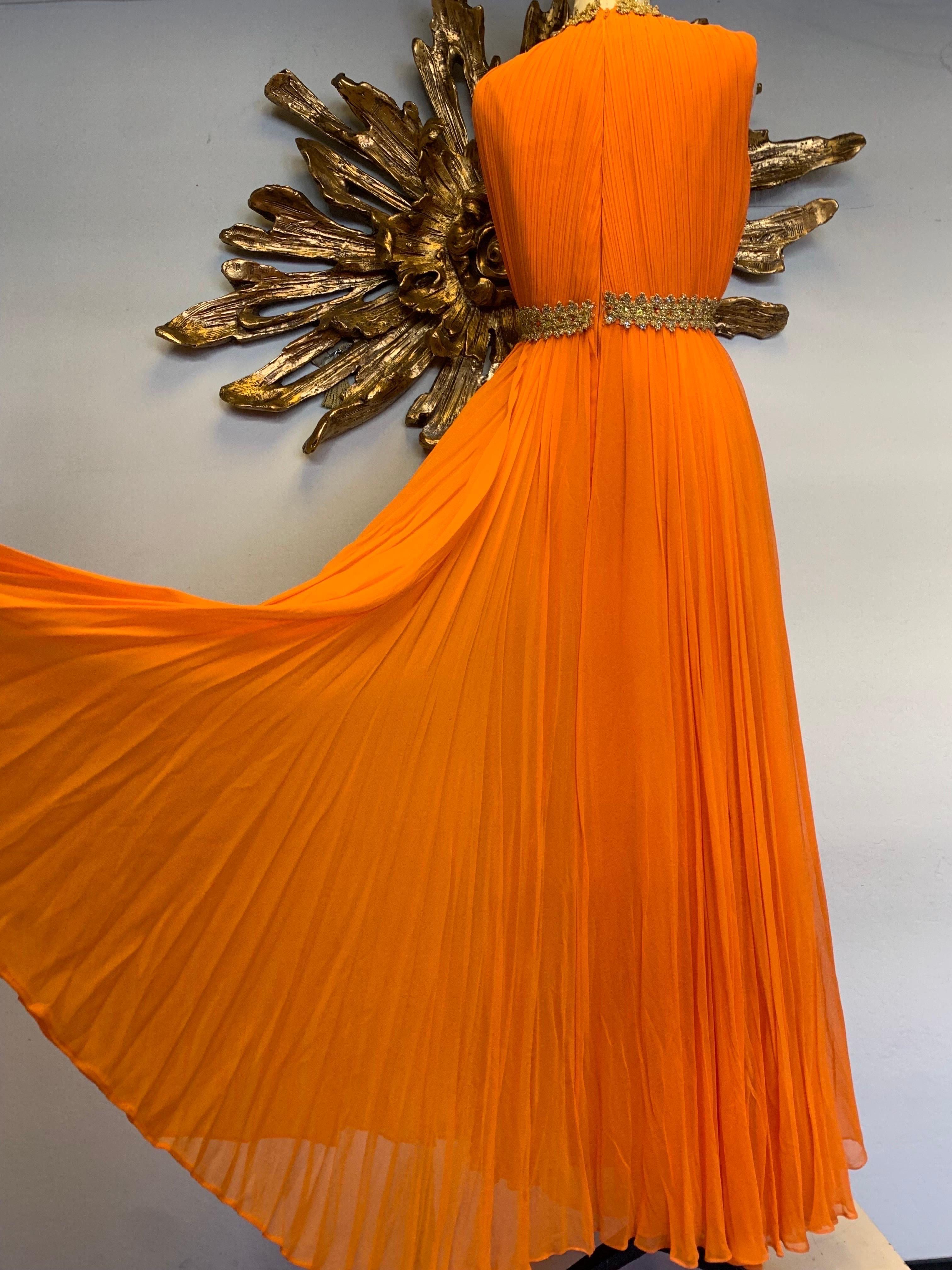 1960s Amen Wardy Orange Knife-Pleated Goddess Gown with Jeweled Neckline & Waist In Excellent Condition For Sale In Gresham, OR